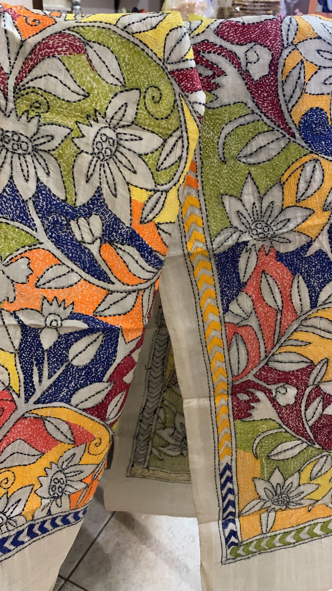 Very beautiful hand painted hand embroidered multicoloured Tusar silk kantha stole