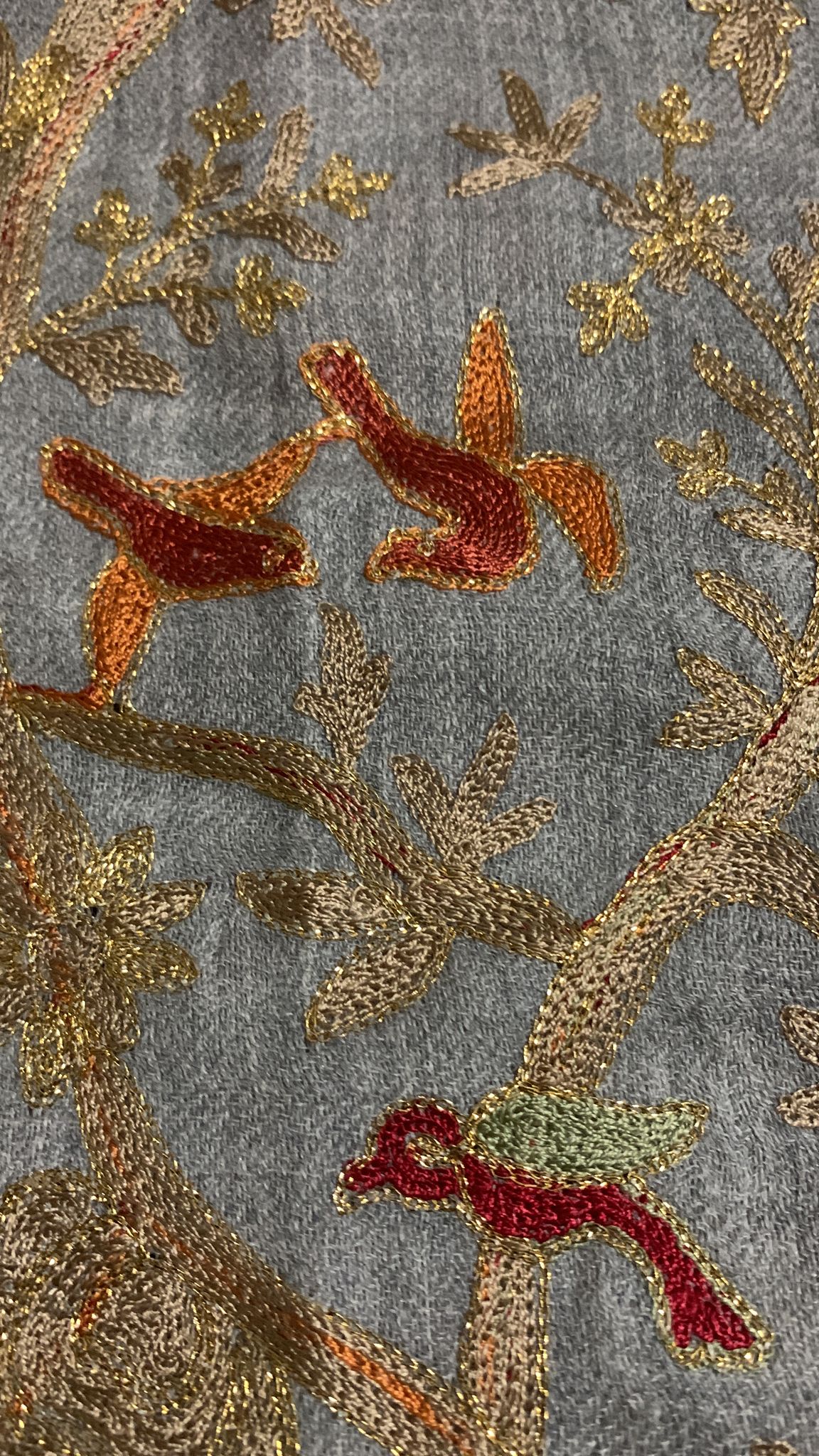 Grey Pashmina Shawl with Golden Zari Floral Embroidery