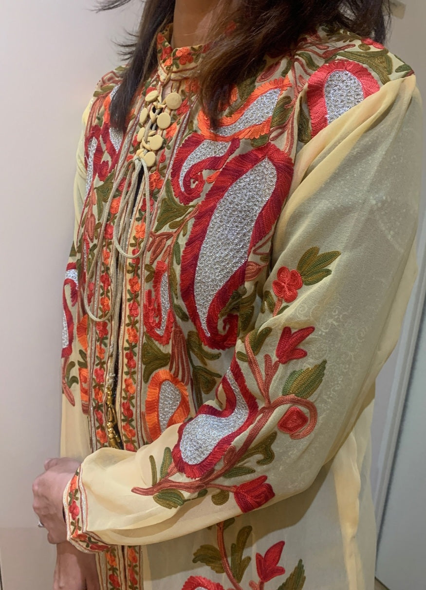Beige Georgette Shrug with Kashmiri Aari Embroidery, Long Tunic for Women