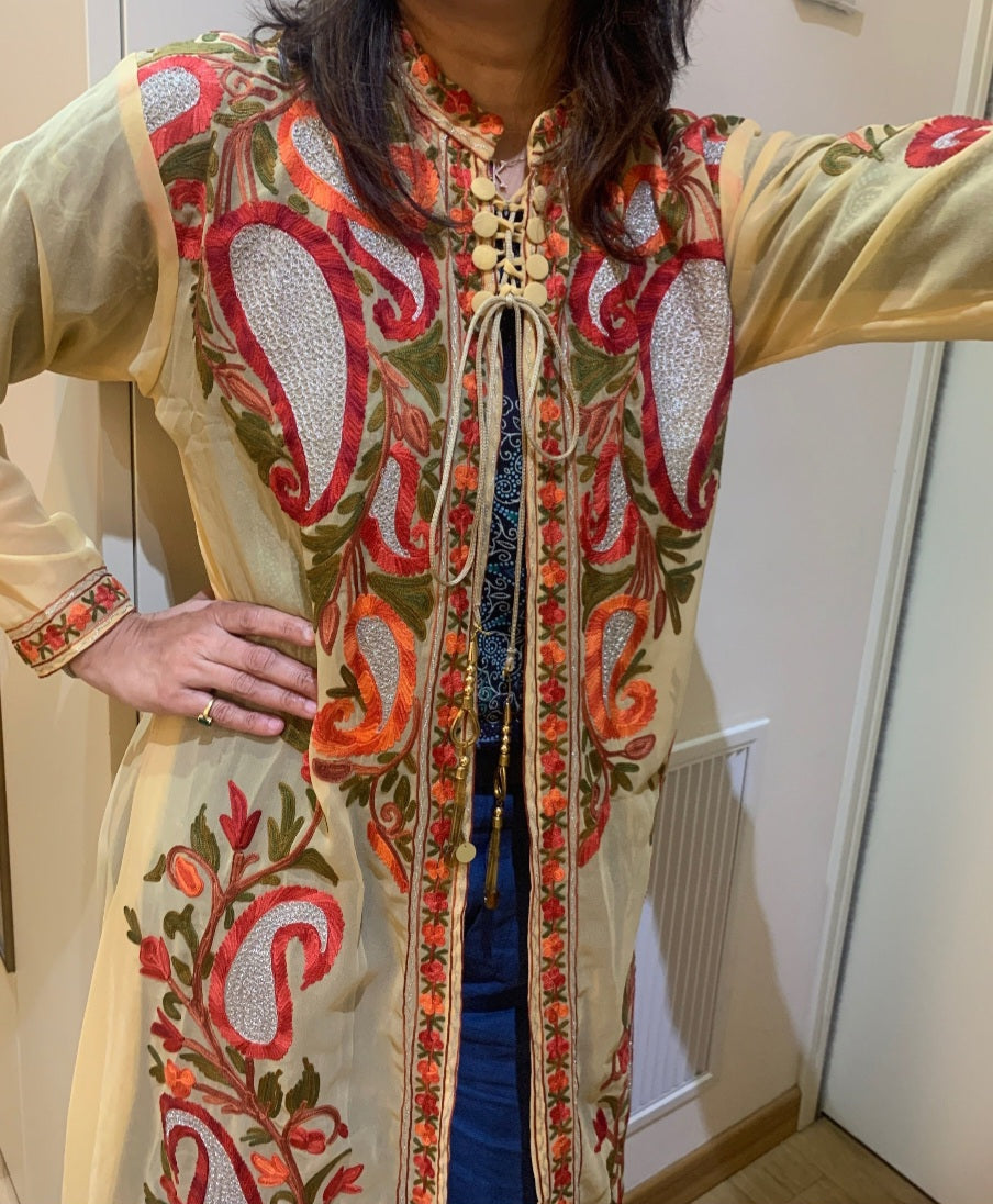 Beige Georgette Shrug with Kashmiri Aari Embroidery, Long Tunic for Women
