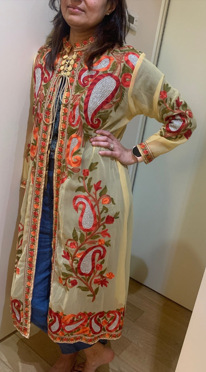 Beige Georgette Shrug with Kashmiri Aari Embroidery, Long Tunic for Women