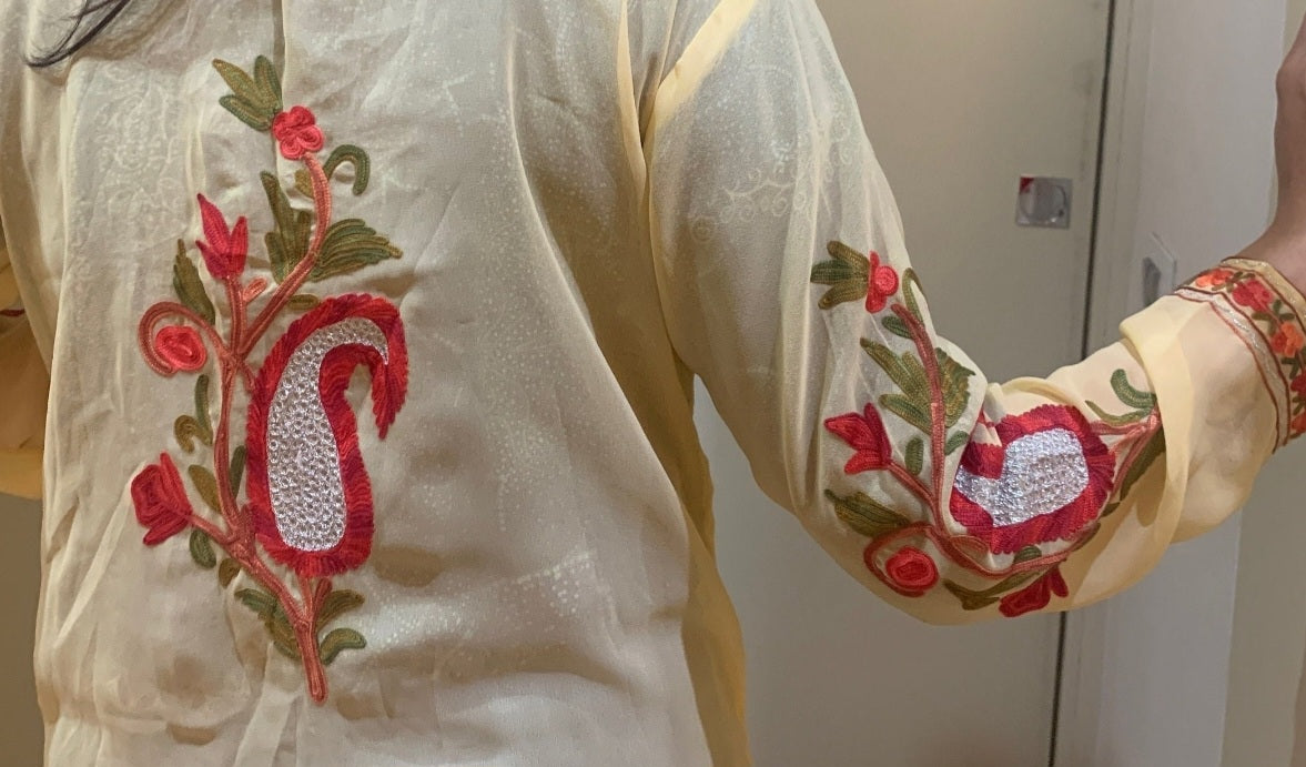 Beige Georgette Shrug with Kashmiri Aari Embroidery, Long Tunic for Women