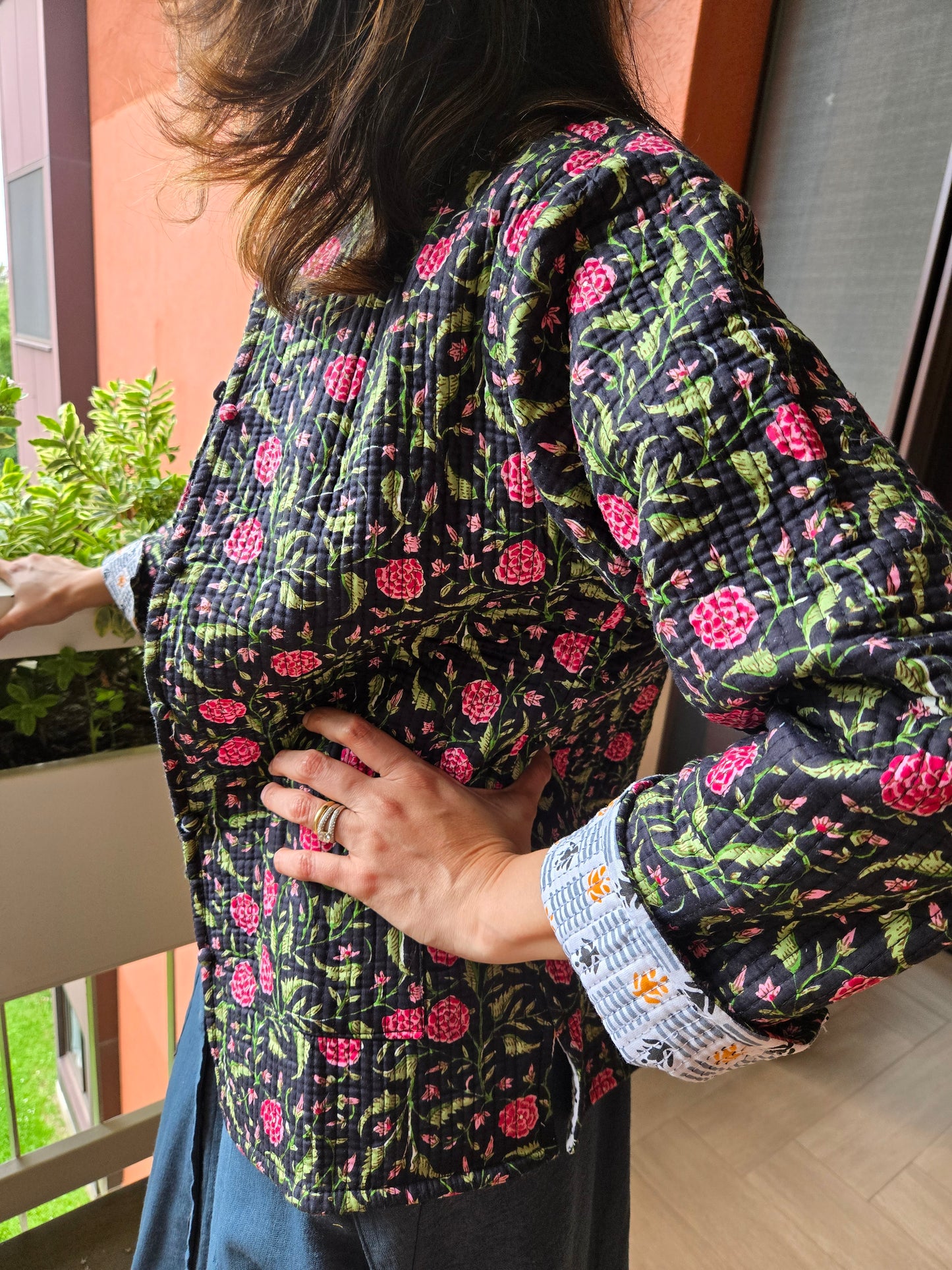 Indian Handmade Kantha Reversible Short Length All Season Bohemian Jacket in black and pink floral print.