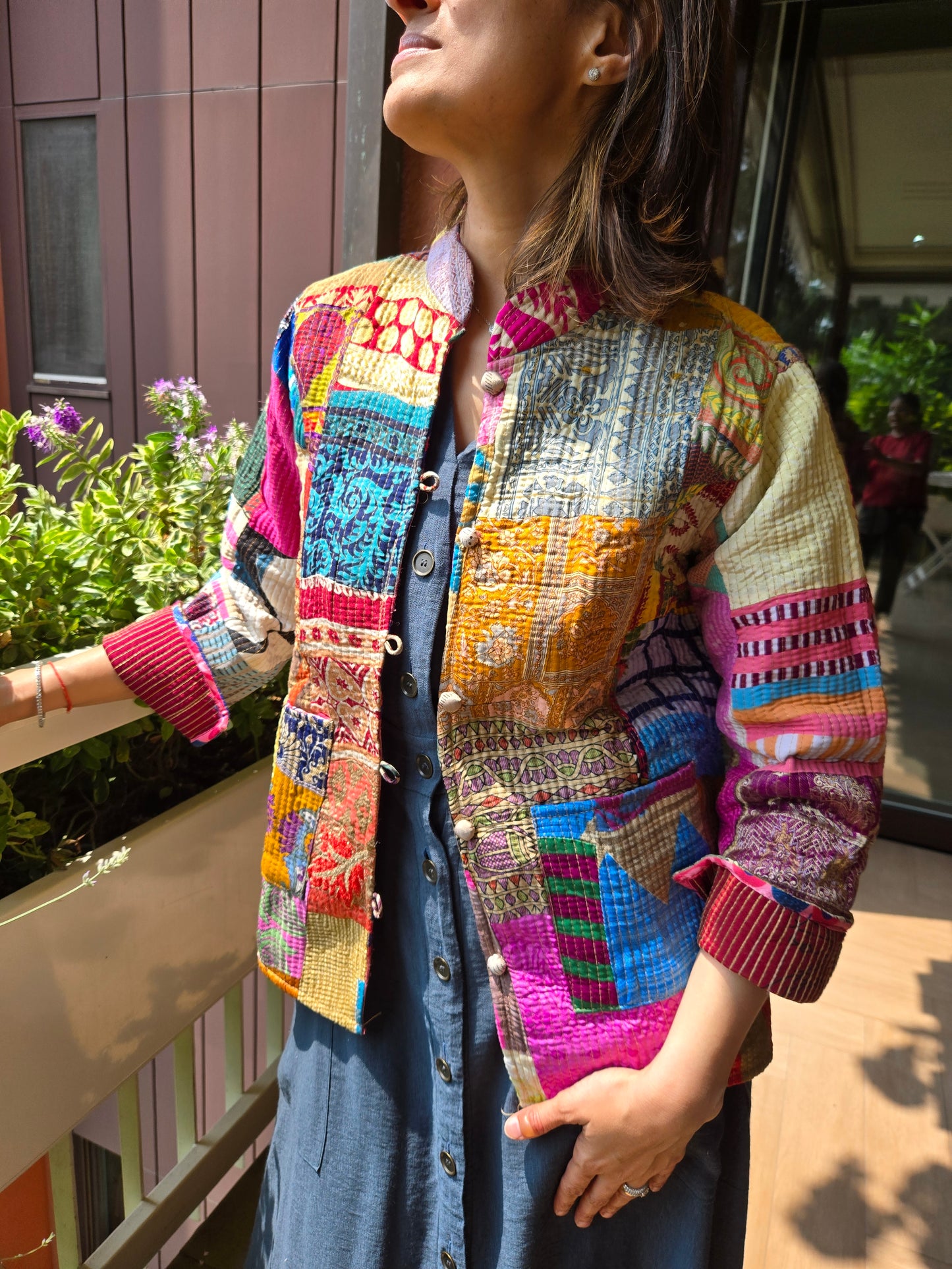 Indian Handmade Kantha Reversible Short Length All Season Bohemian Jacket multicolour suitable in summer