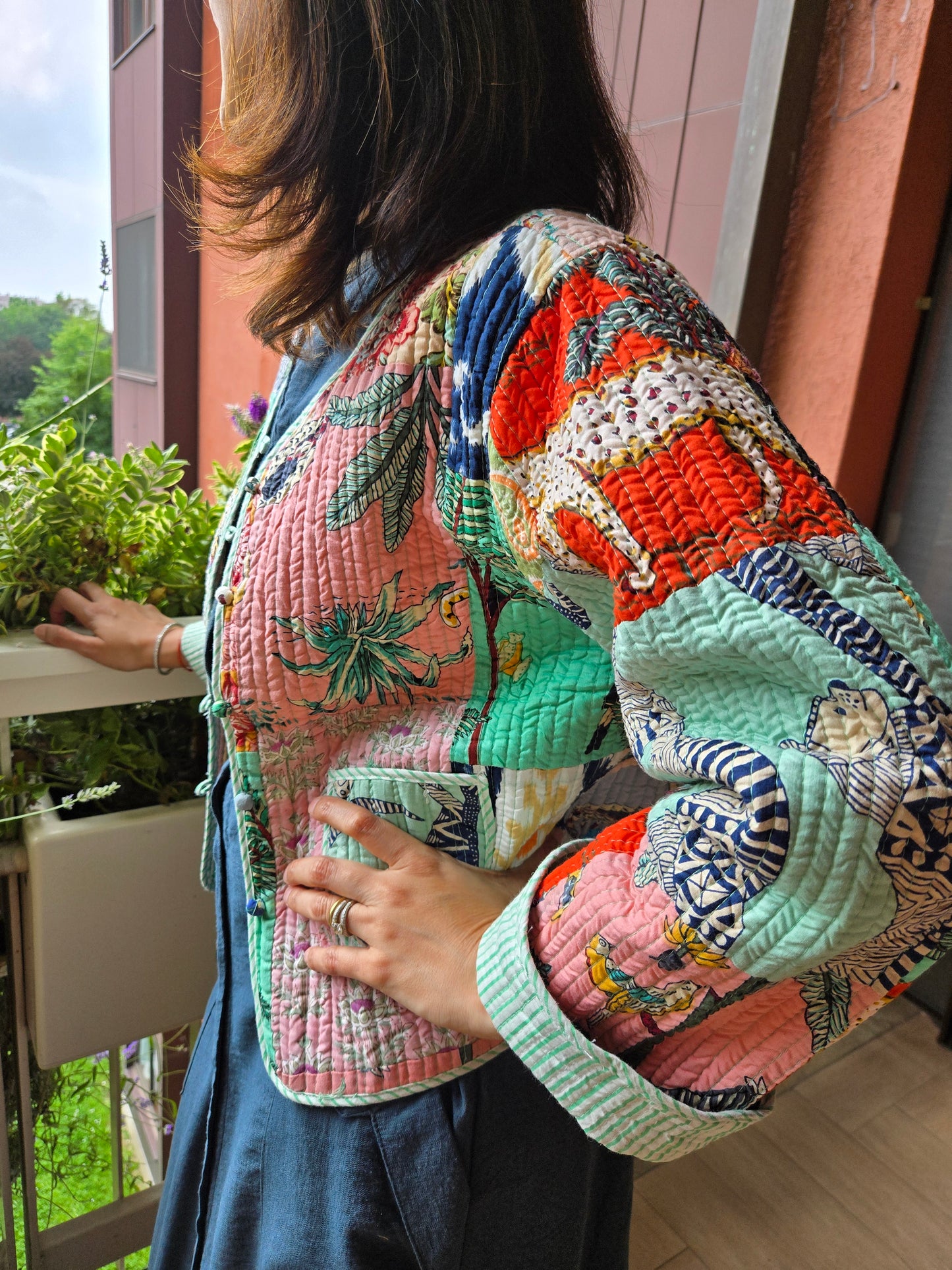 Indian Handmade Kantha Reversible Short Length All Season Bohemian Jacket summer colour of light green and pink