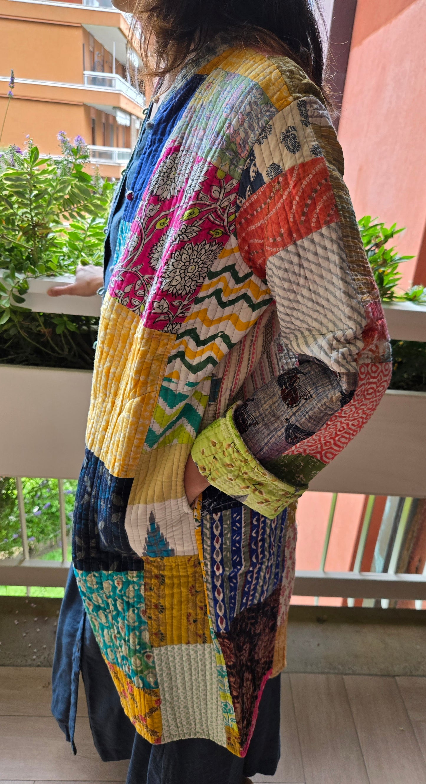 Indian Handmade Kantha Reversible long Length All Season Bohemian Jacket in light green and rainbow colours