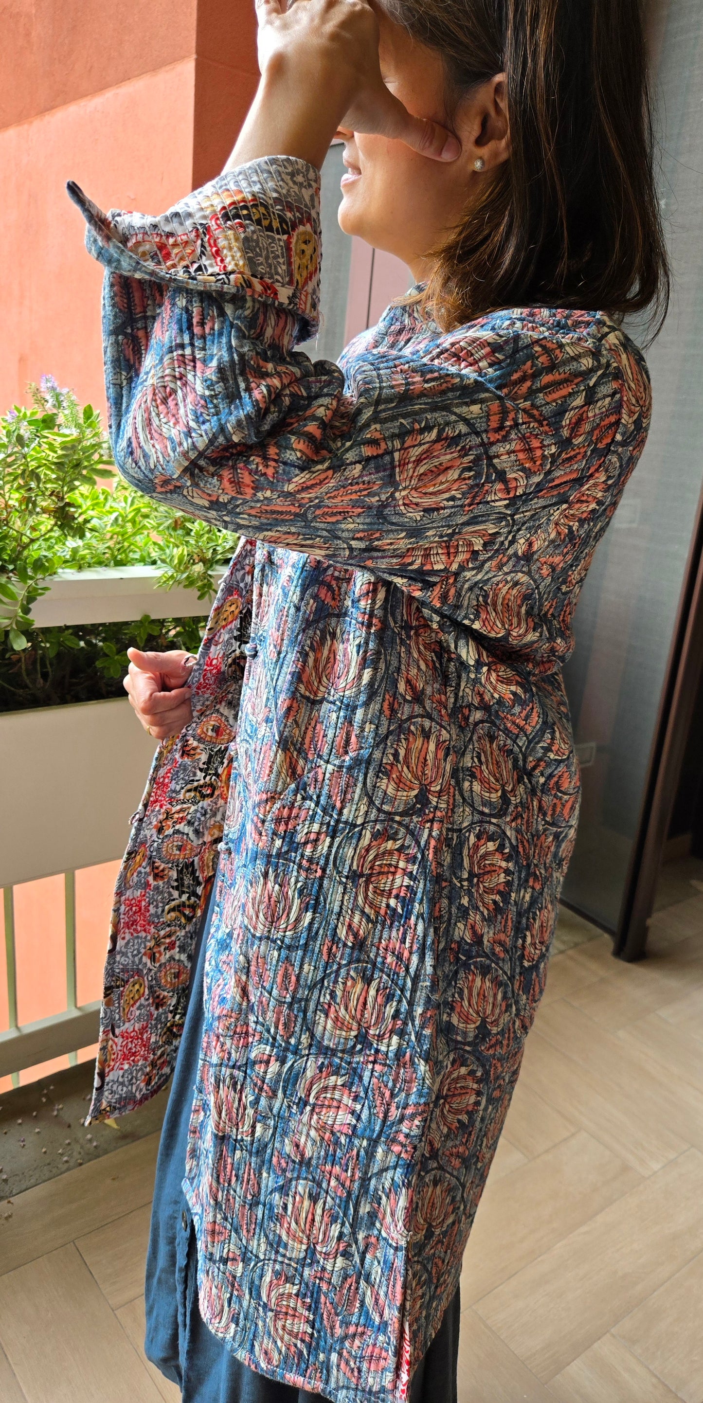 Indian Handmade Kantha Reversible long Length All Season Bohemian Jacket in blue and rainbow colours floral print jacket