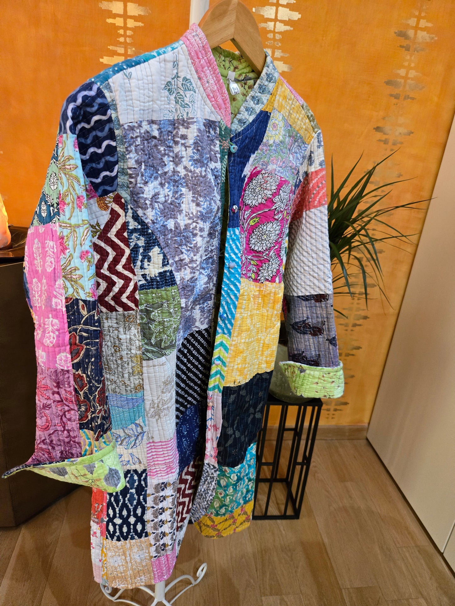 Indian Handmade Kantha Reversible long Length All Season Bohemian Jacket in light green and rainbow colours