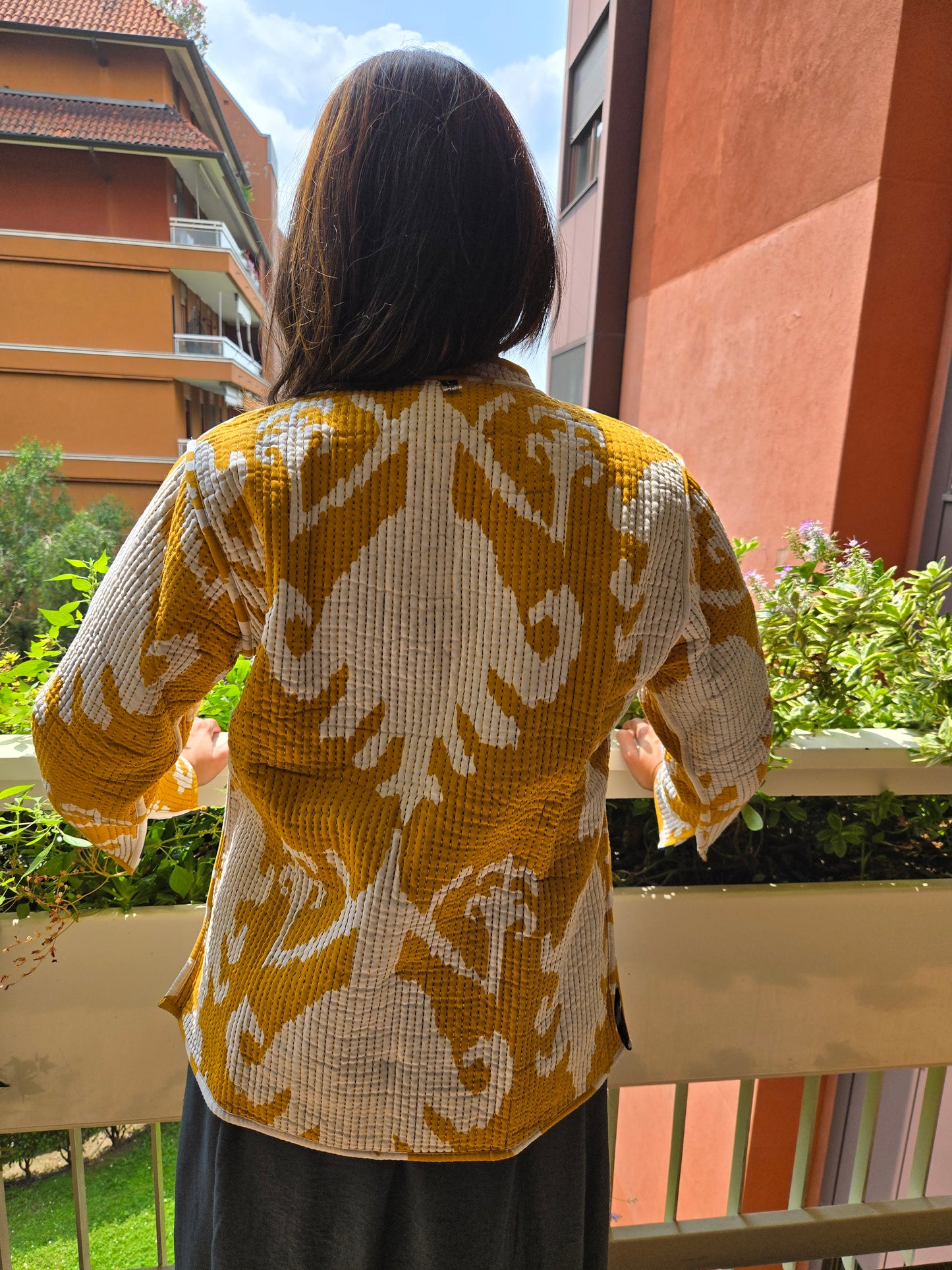Indian Handmade Kantha Reversible Short Length All Season Bohemian Jacket Ikkat print black/ mustard