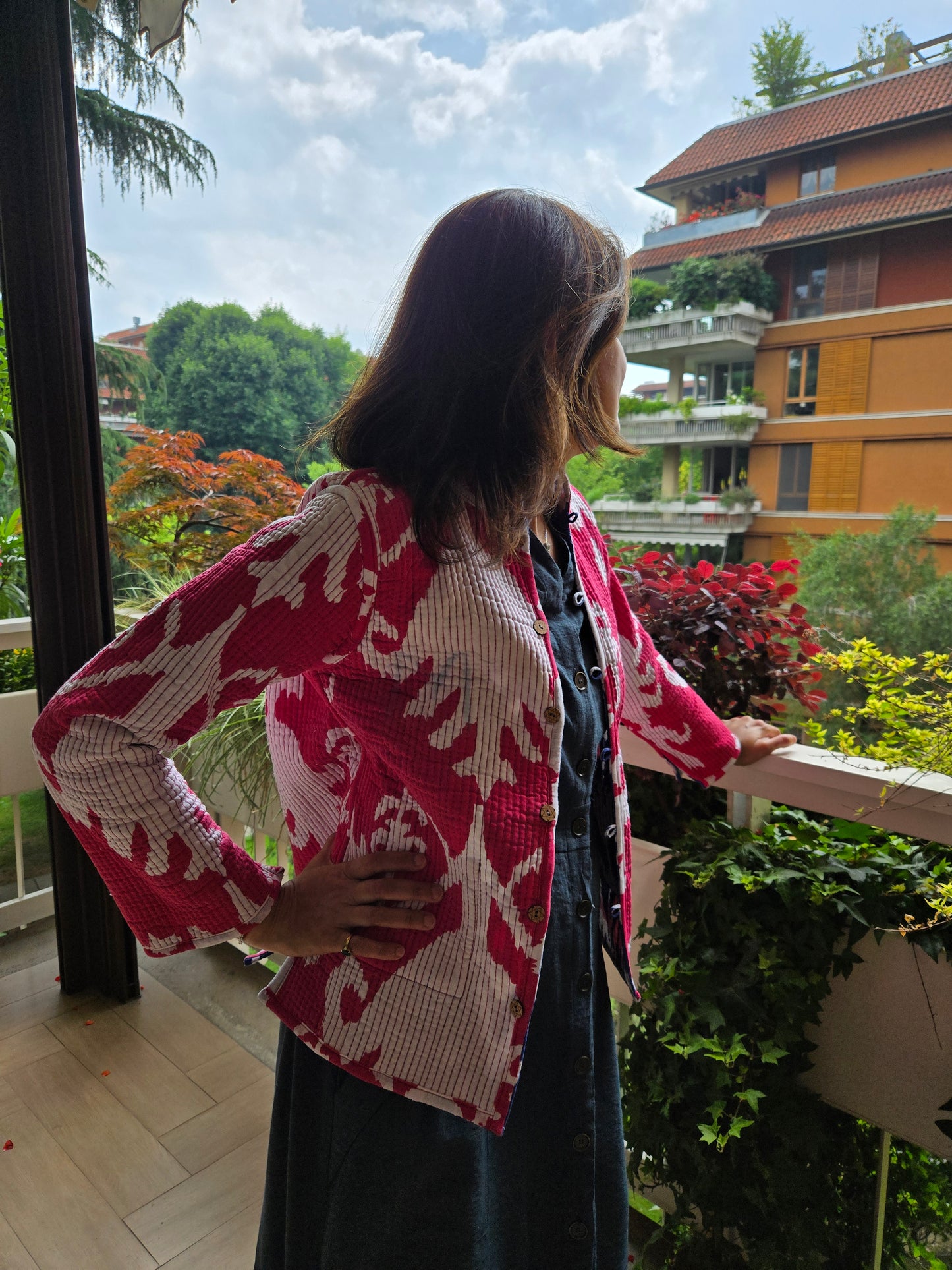 Indian Handmade Kantha Reversible Short Length All Season Bohemian Jacket Ikkat print Pink/Blue