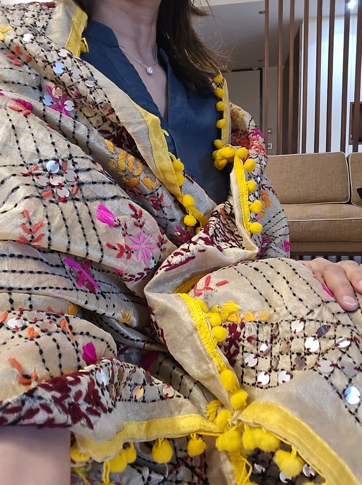 Handmade kantha dupatta shawl soft cotton hand embroidered floral work shawl/ foulard/scarf /stole for spring summer collection