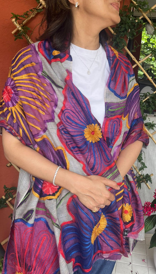 Heritage Storyteller: Fine Wool Kashmiri Hand-Embroidered Stole