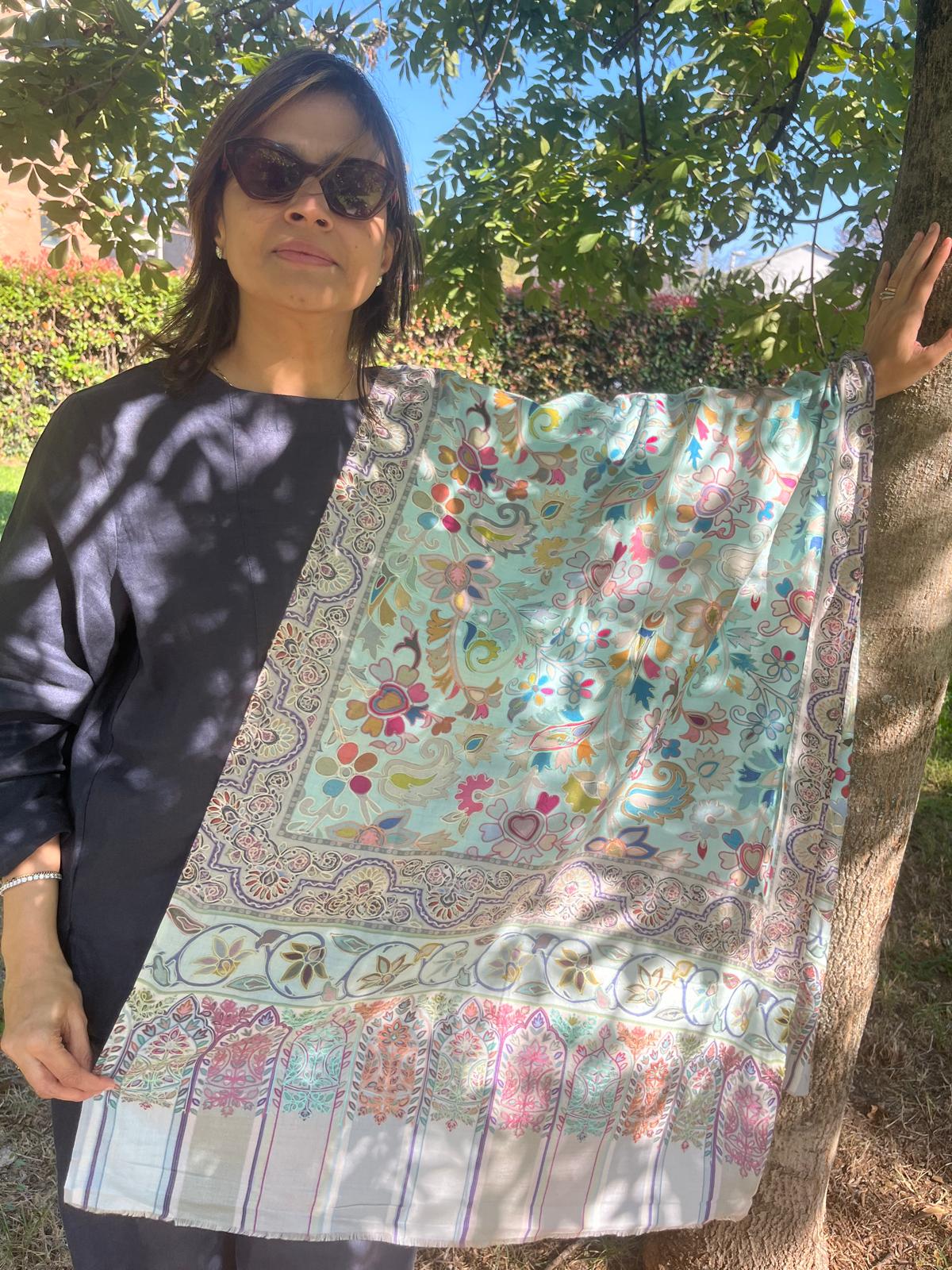 Digital Embroidered Painted Pashmina-Style Scarf in Light Grey | Multicolour Floral Wool Shawl