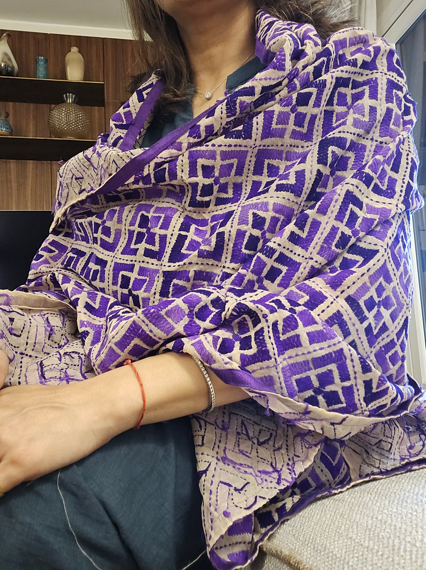 Handmade elegant Phulakari dupatta in purple colour thread work in pure cotton base traditionally made by rural Indian women of Punjab India