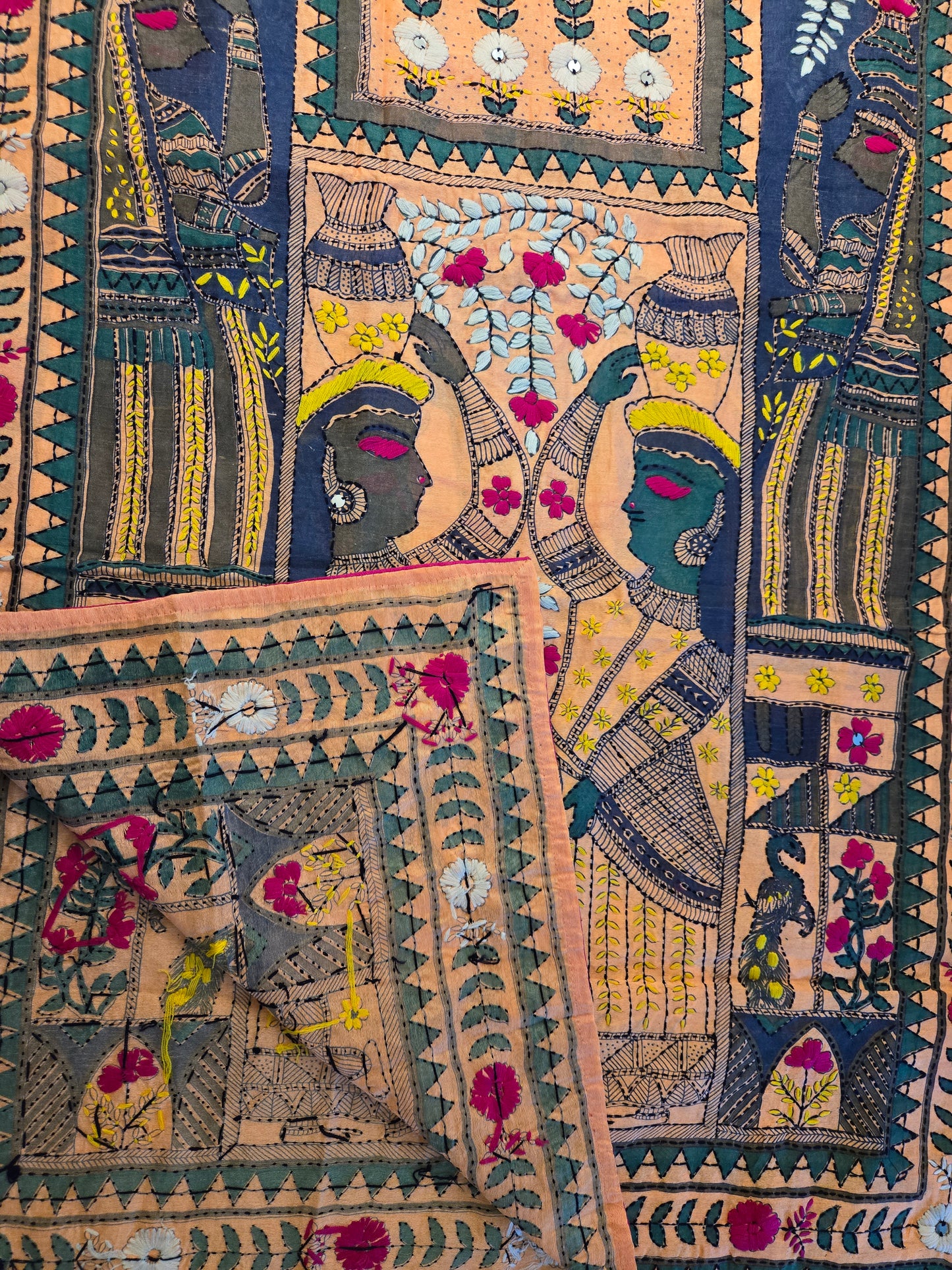 Handmade kantha dupatta shawl soft cotton hand embroidered figure and floral work shawl/ foulard/scarf /stole for spring summer collection