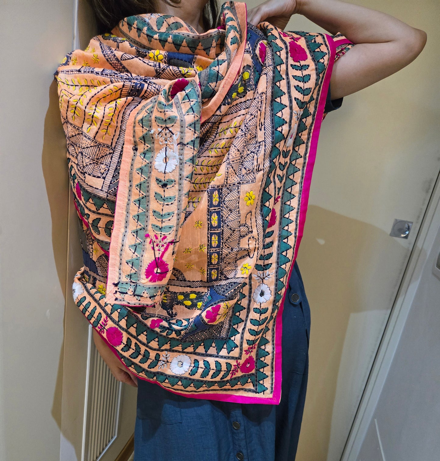 Handmade kantha dupatta shawl soft cotton hand embroidered figure and floral work shawl/ foulard/scarf /stole for spring summer collection
