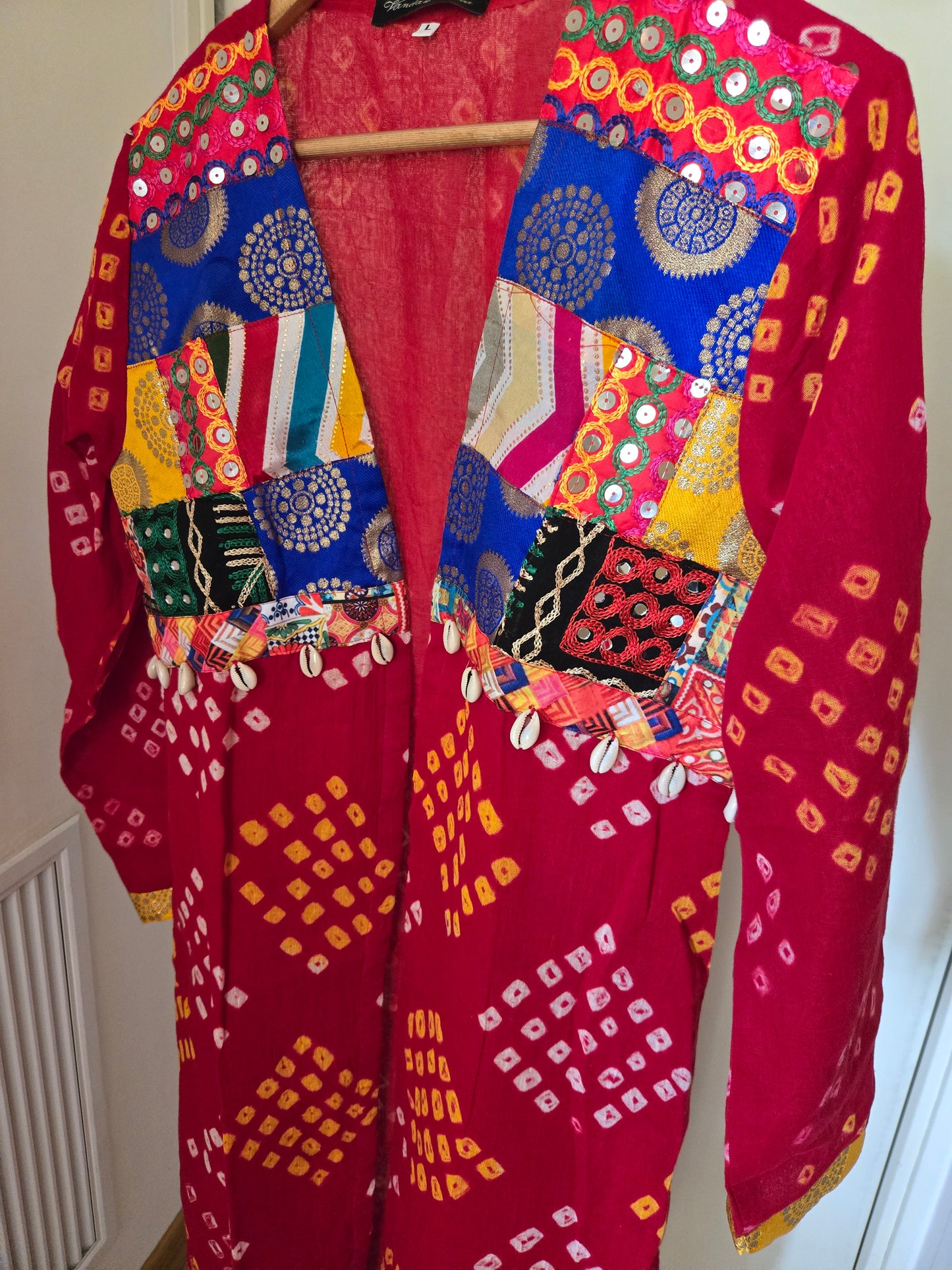 Red Cotton bandhej and patchwork Shrug with hand Embroidery, Long Embroidered fusion wear for Women