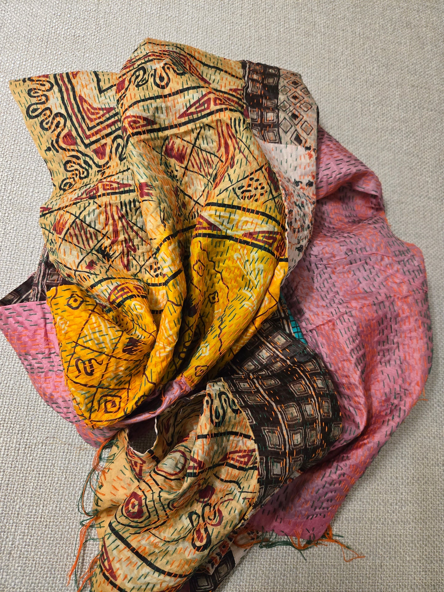Unique beautiful handmade kantha mulberry silk Reversible stole