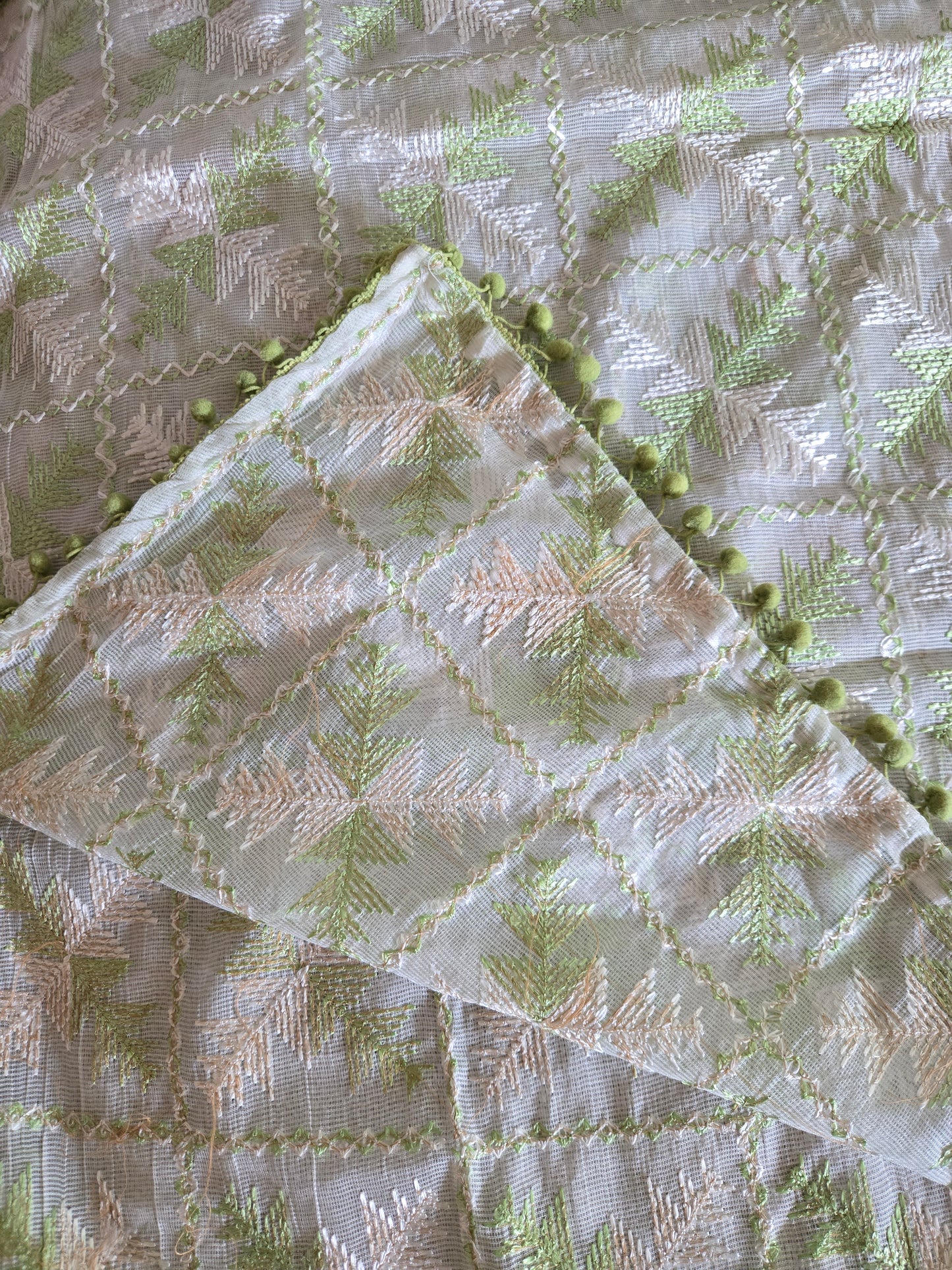 Handmade elegant Phulakari dupatta in white colour thread work in pure cotton base traditionally made by rural Indian women of Punjab India