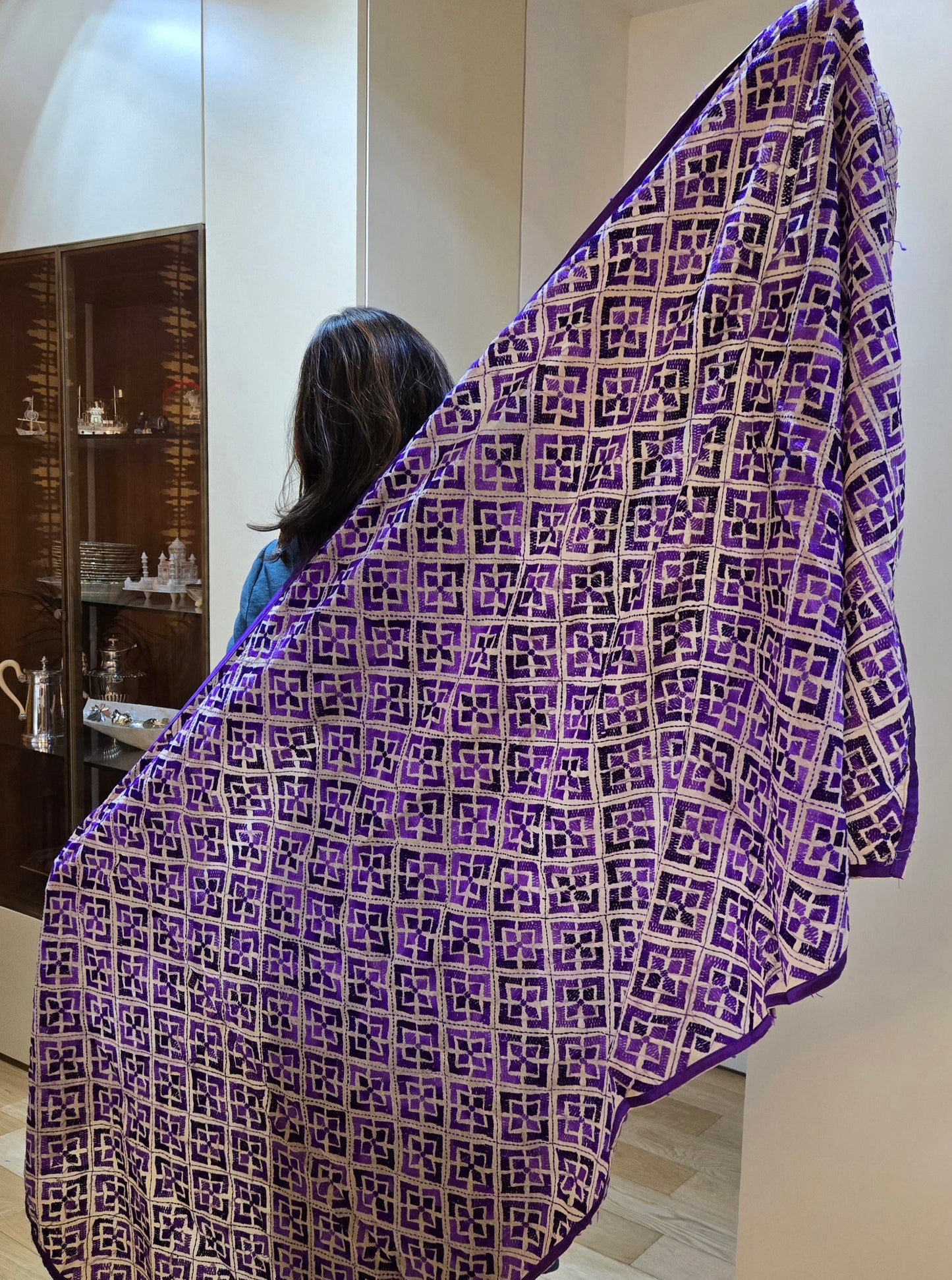 Handmade elegant Phulakari dupatta in purple colour thread work in pure cotton base traditionally made by rural Indian women of Punjab India