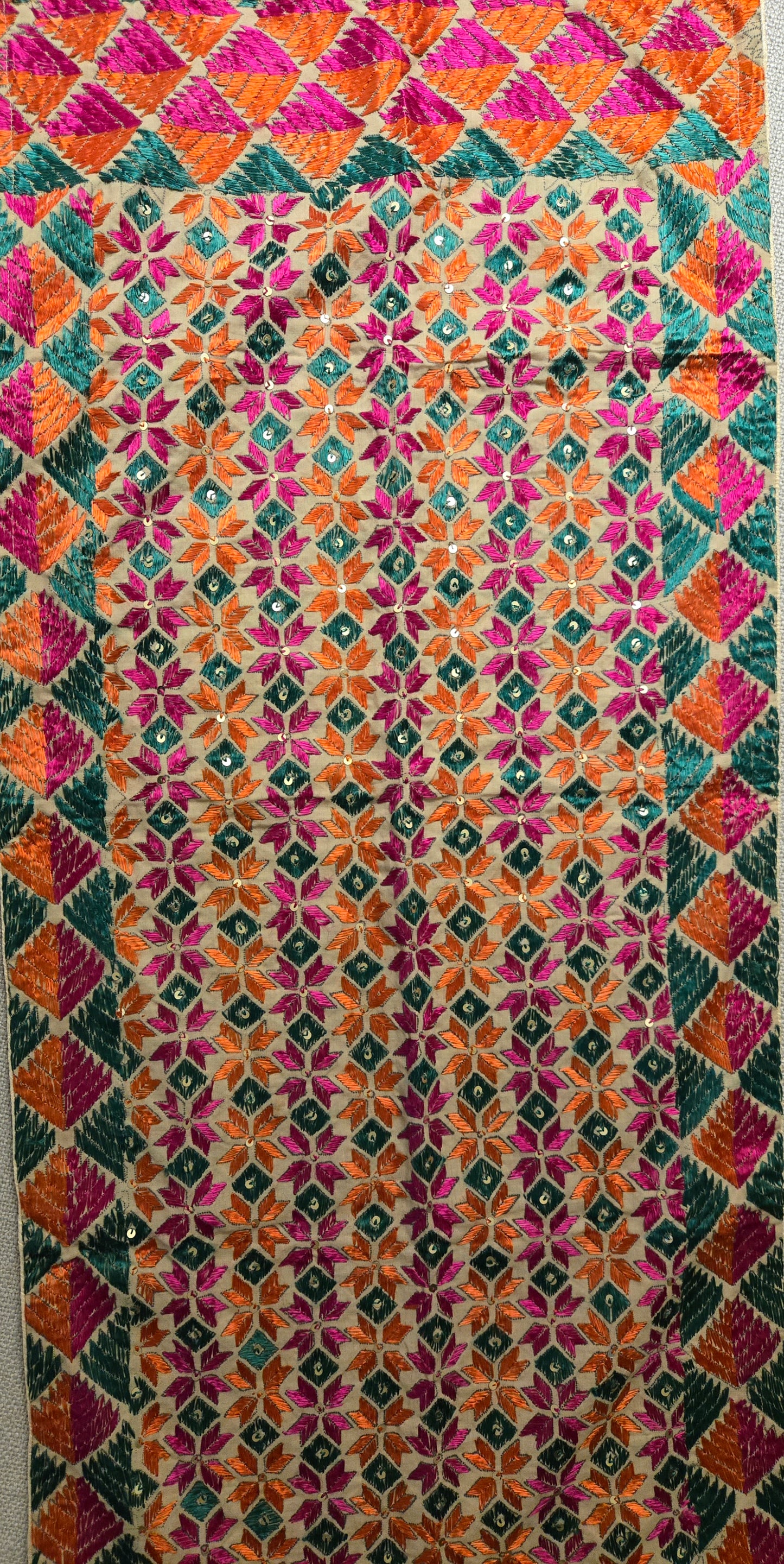 Handmade elegant Phulakari stole beige and multicolour with golden border from Punjab Phulkari thread work