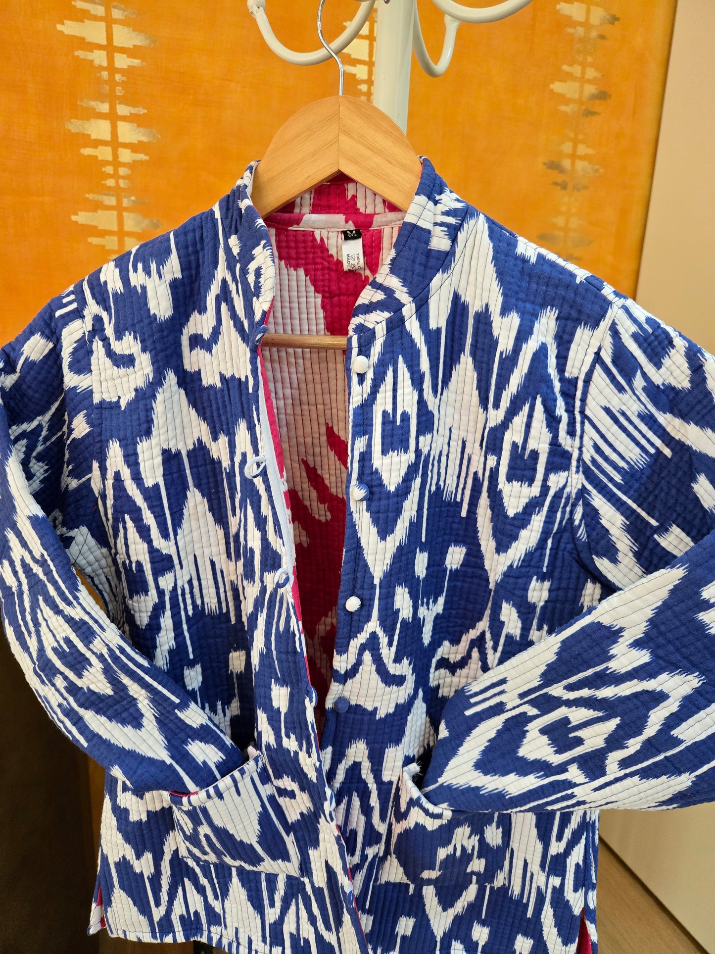 Indian Handmade Kantha Reversible Short Length All Season Bohemian Jacket Ikkat print Pink/Blue