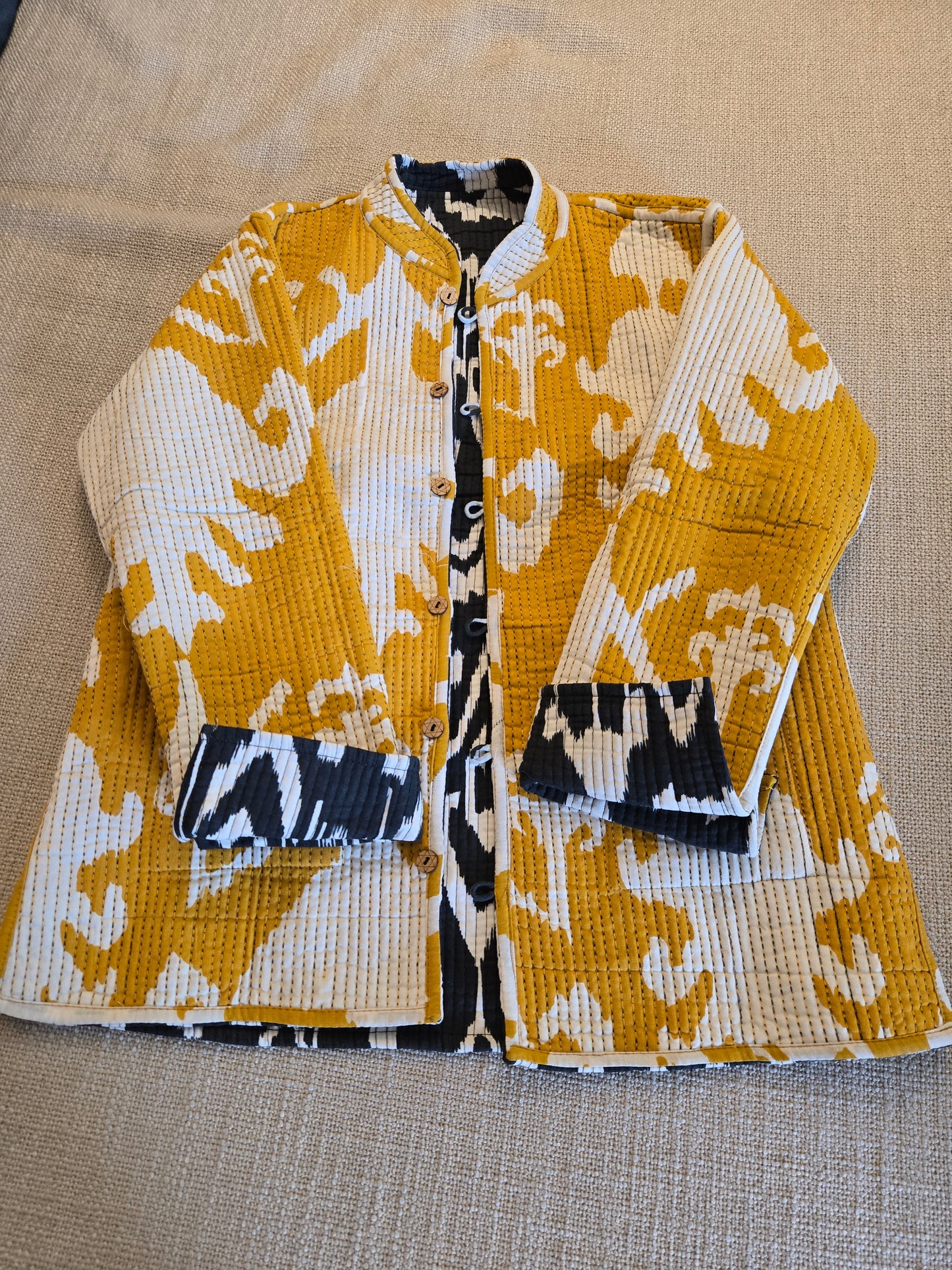 Indian Handmade Kantha Reversible Short Length All Season Bohemian Jacket Ikkat print black/ mustard