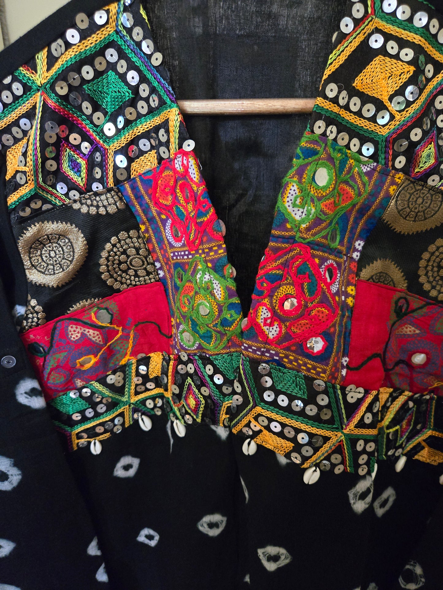 Black Cotton bandhej and patchwork Shrug with hand Embroidery, Long Embroidered fusion wear for Women