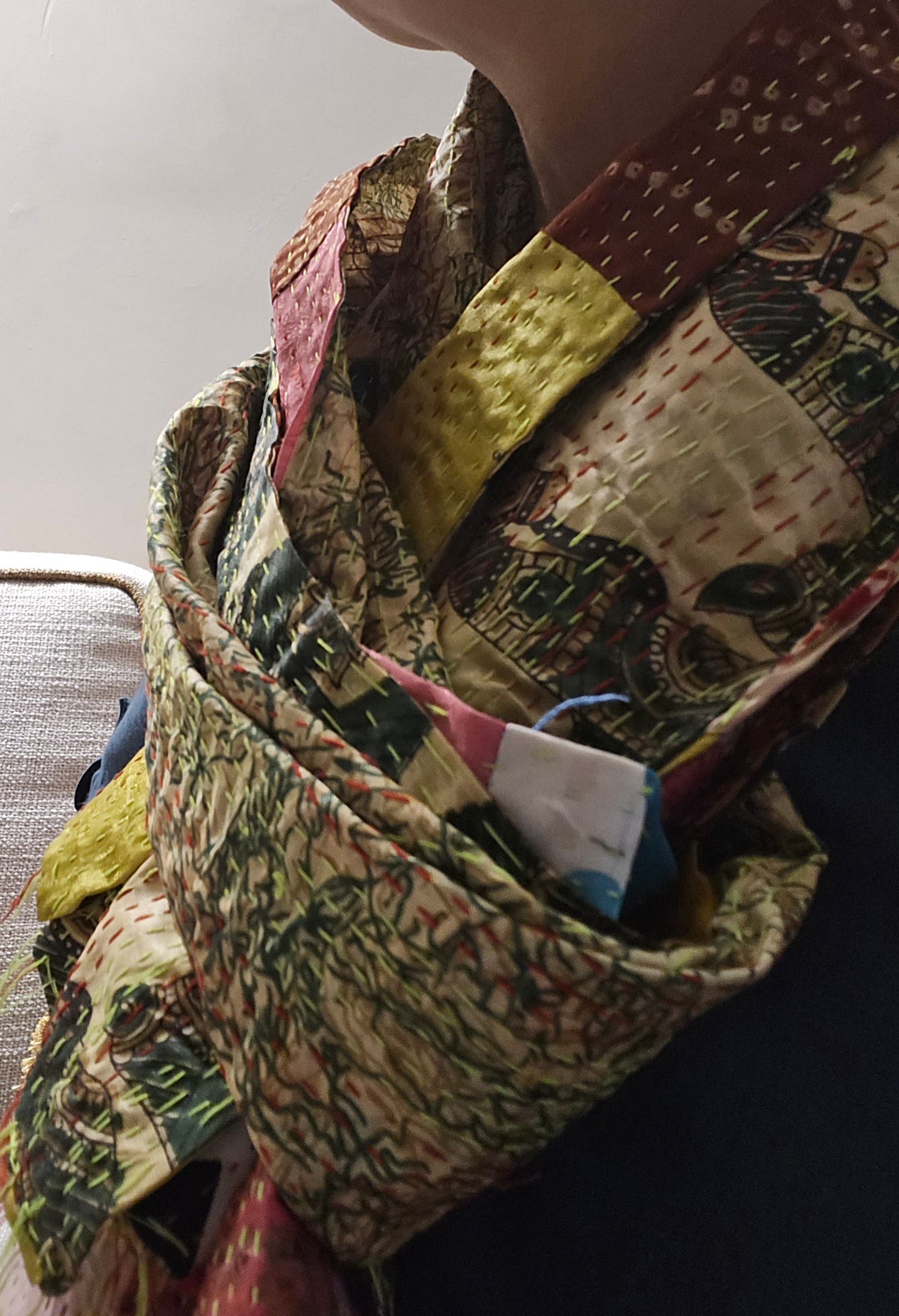 Unique beautiful handmade kantha mulberry silk Reversible stole