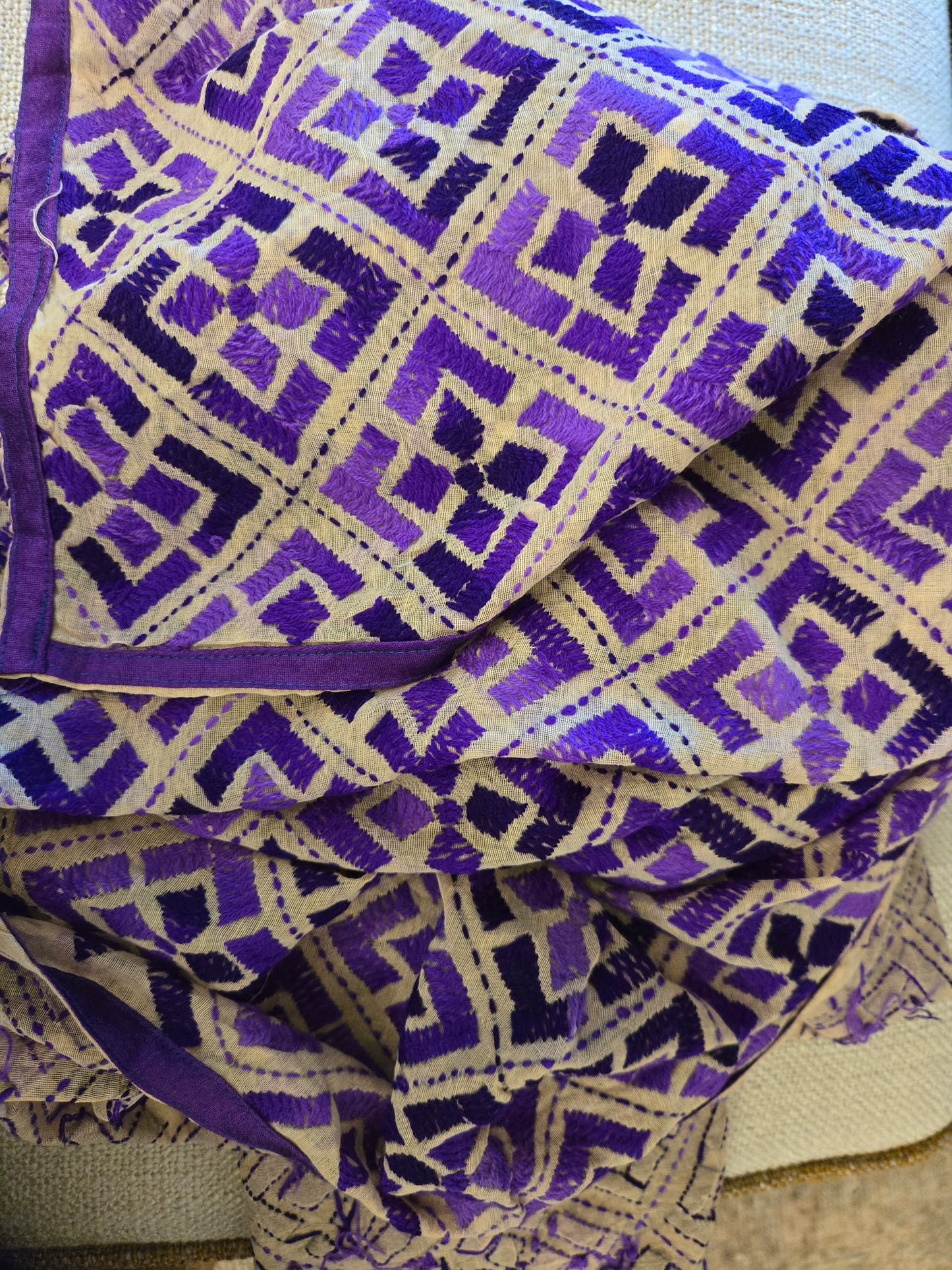 Handmade elegant Phulakari dupatta in purple colour thread work in pure cotton base traditionally made by rural Indian women of Punjab India