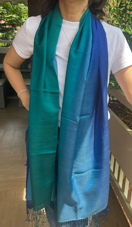 Cerulean Tide: Three-Tone Blue & Green Soft Silk Scarf