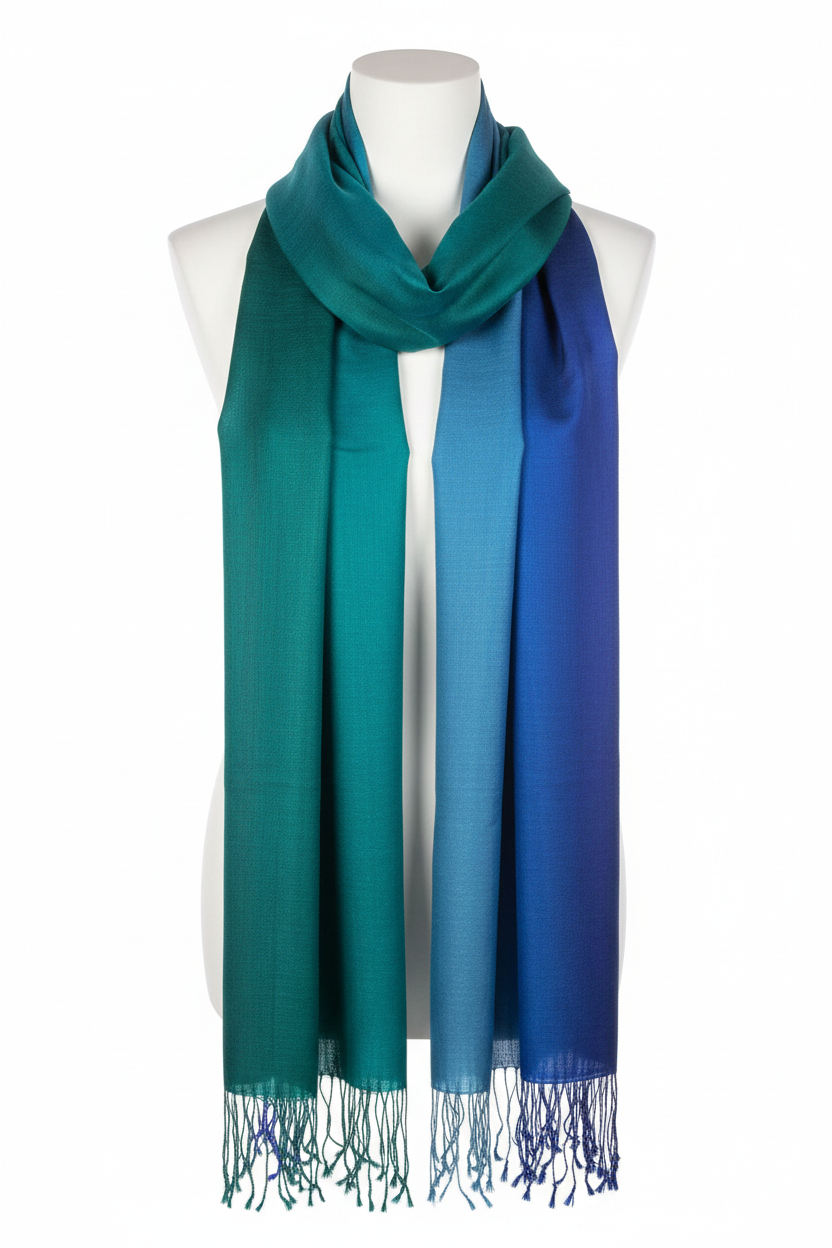 Cerulean Tide: Three-Tone Blue & Green Soft Silk Scarf