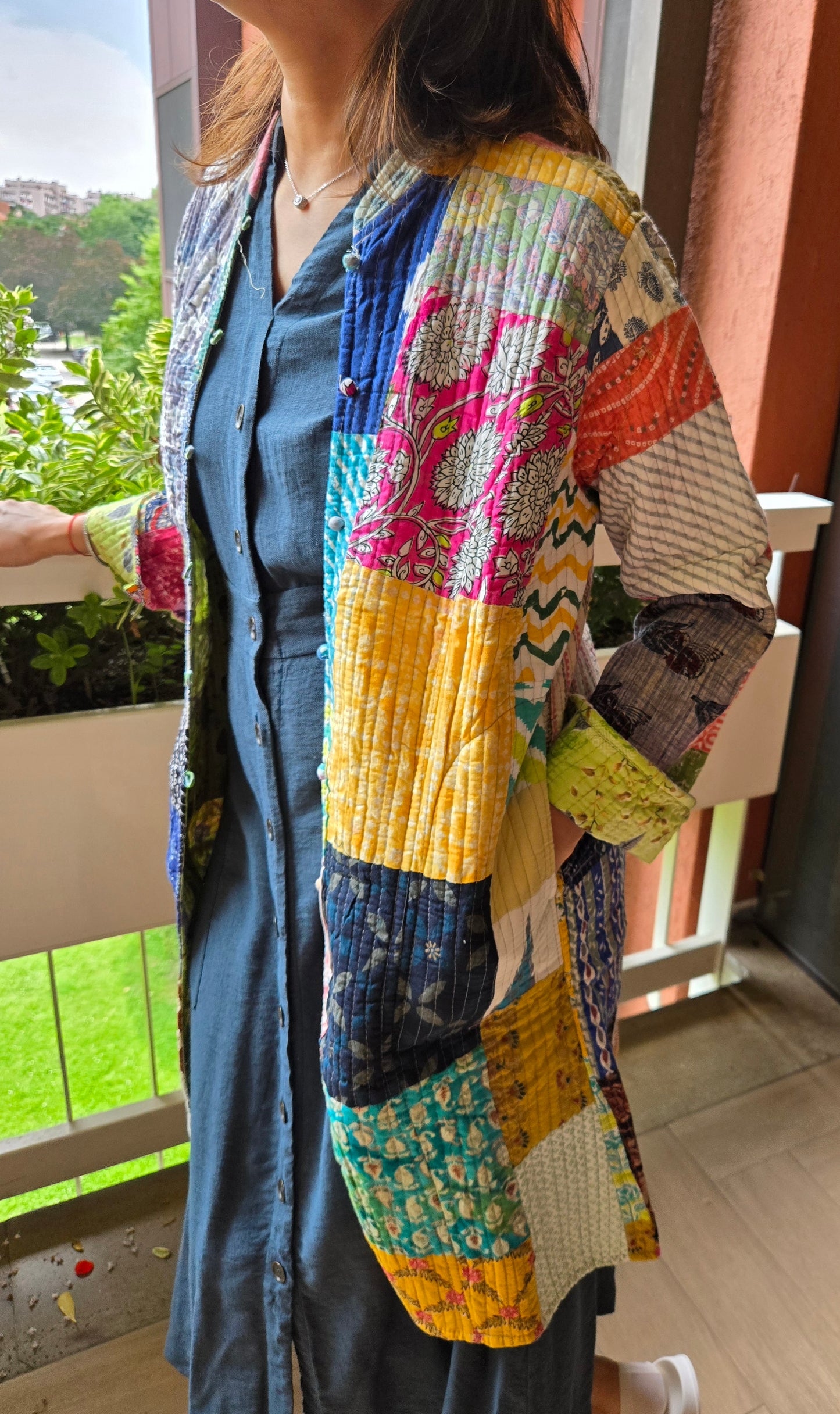 Indian Handmade Kantha Reversible long Length All Season Bohemian Jacket in light green and rainbow colours