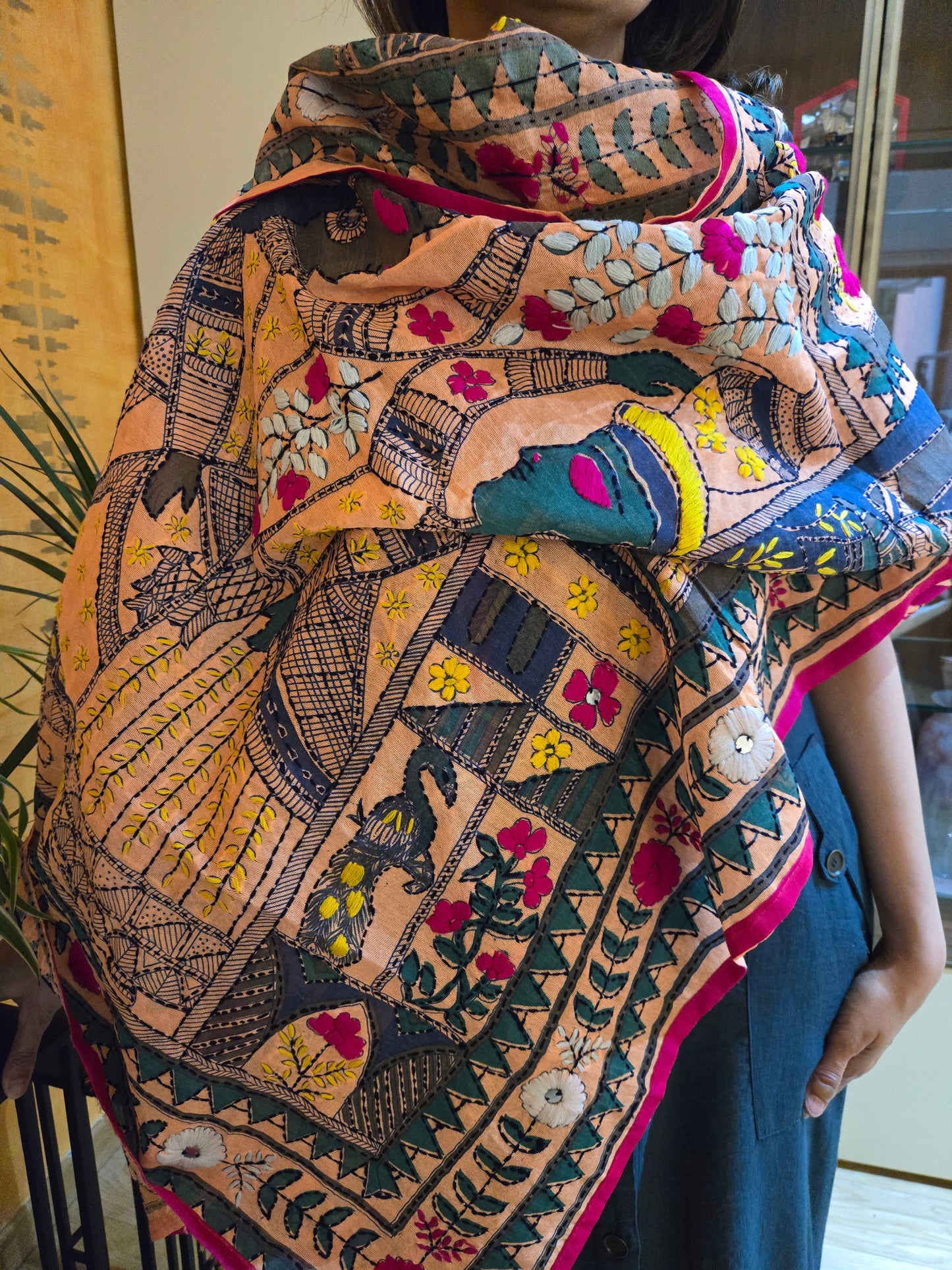 Handmade kantha dupatta shawl soft cotton hand embroidered figure and floral work shawl/ foulard/scarf /stole for spring summer collection