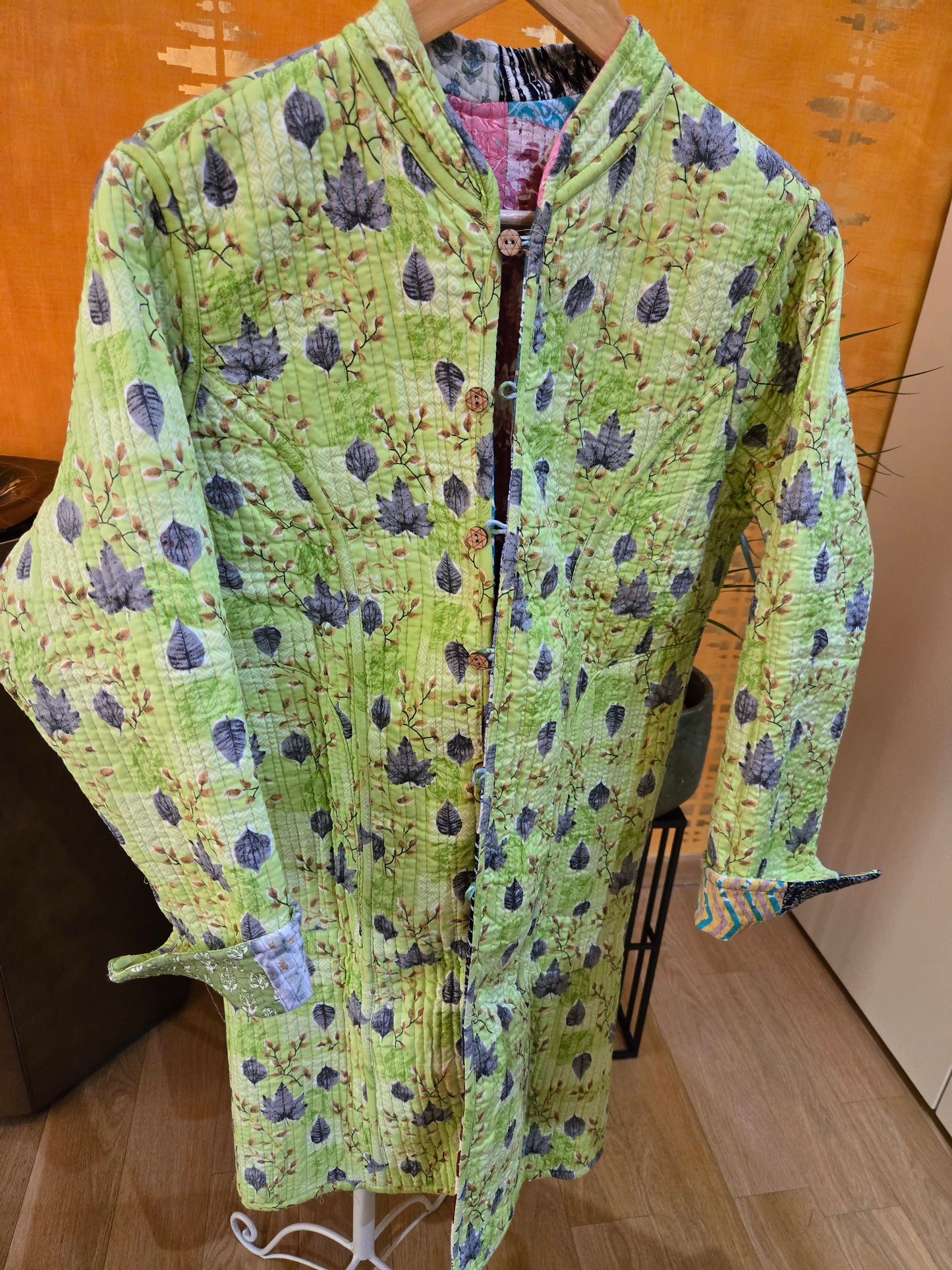 Indian Handmade Kantha Reversible long Length All Season Bohemian Jacket in light green and rainbow colours