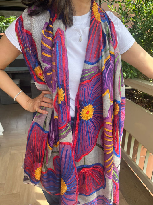 Pashmina Wool Shawl Hand painted Embroidered Kashmir | Folk ArtWrap | Wedding Gift Heirloom Textile