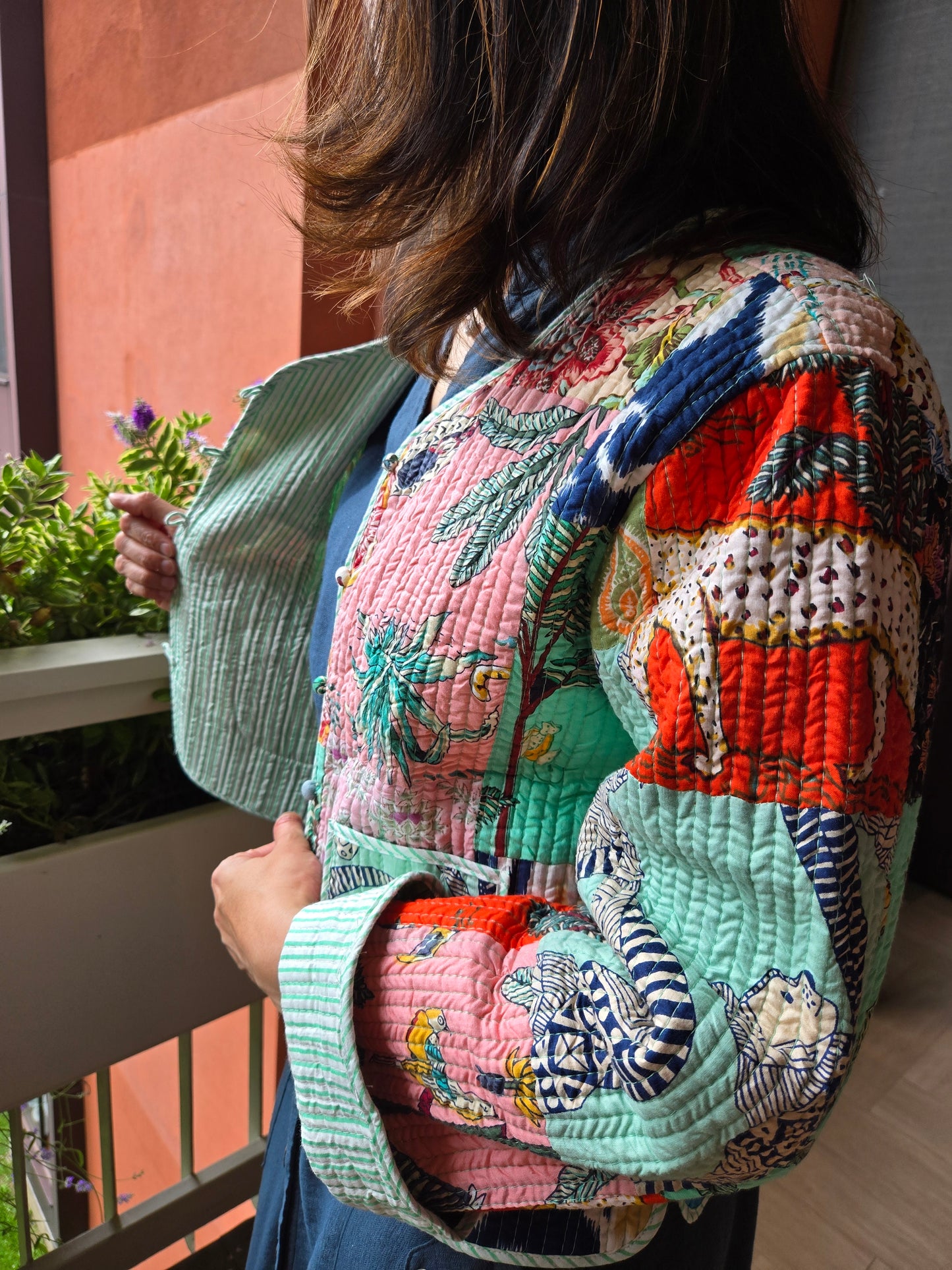 Indian Handmade Kantha Reversible Short Length All Season Bohemian Jacket summer colour of light green and pink