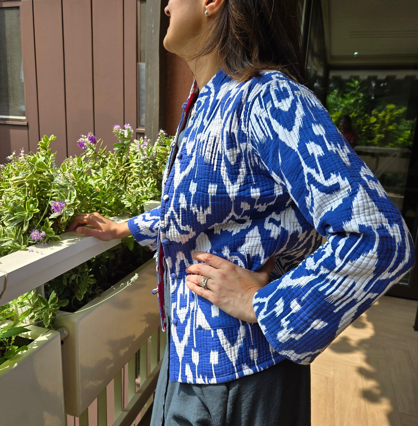Indian Handmade Kantha Reversible Short Length All Season Bohemian Jacket Ikkat print Pink/Blue