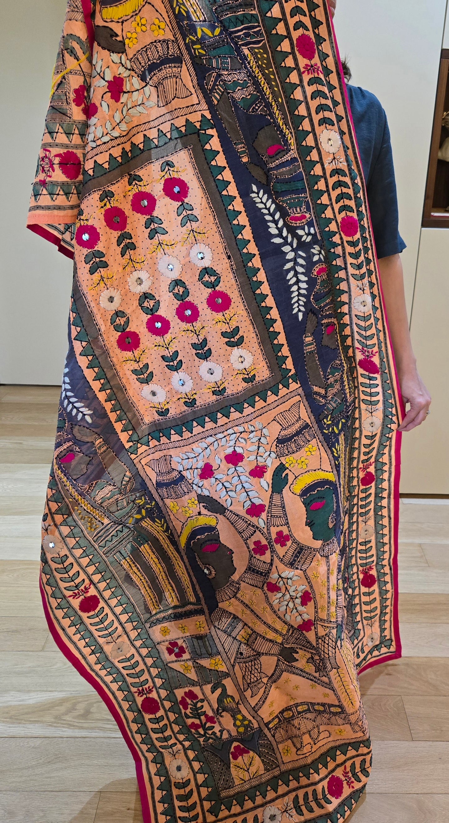 Handmade kantha dupatta shawl soft cotton hand embroidered figure and floral work shawl/ foulard/scarf /stole for spring summer collection