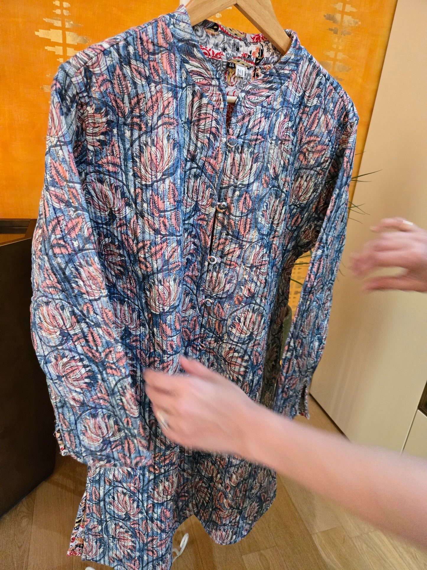 Indian Handmade Kantha Reversible long Length All Season Bohemian Jacket in blue and rainbow colours floral print jacket