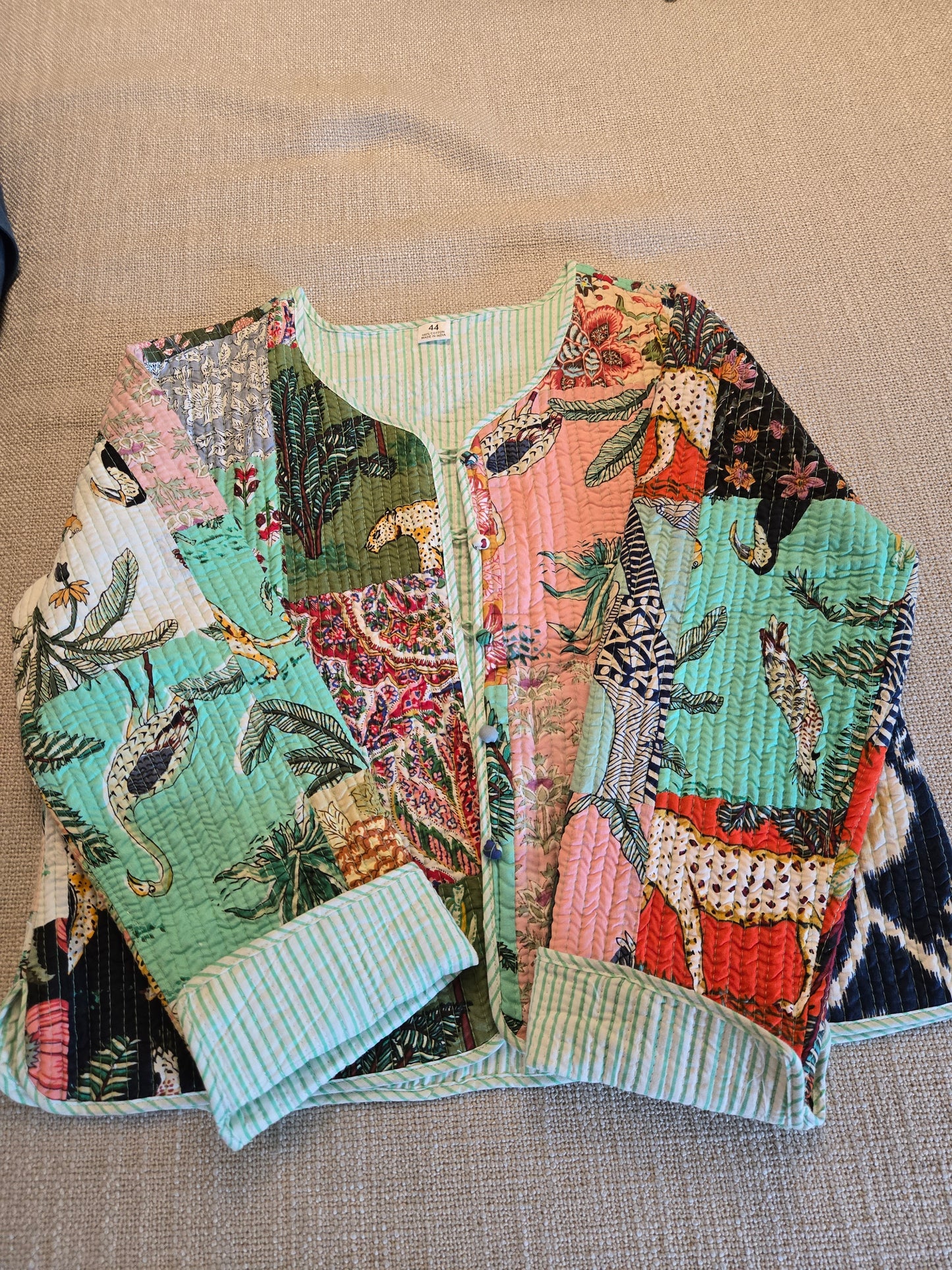 Indian Handmade Kantha Reversible Short Length All Season Bohemian Jacket summer colour of light green and pink