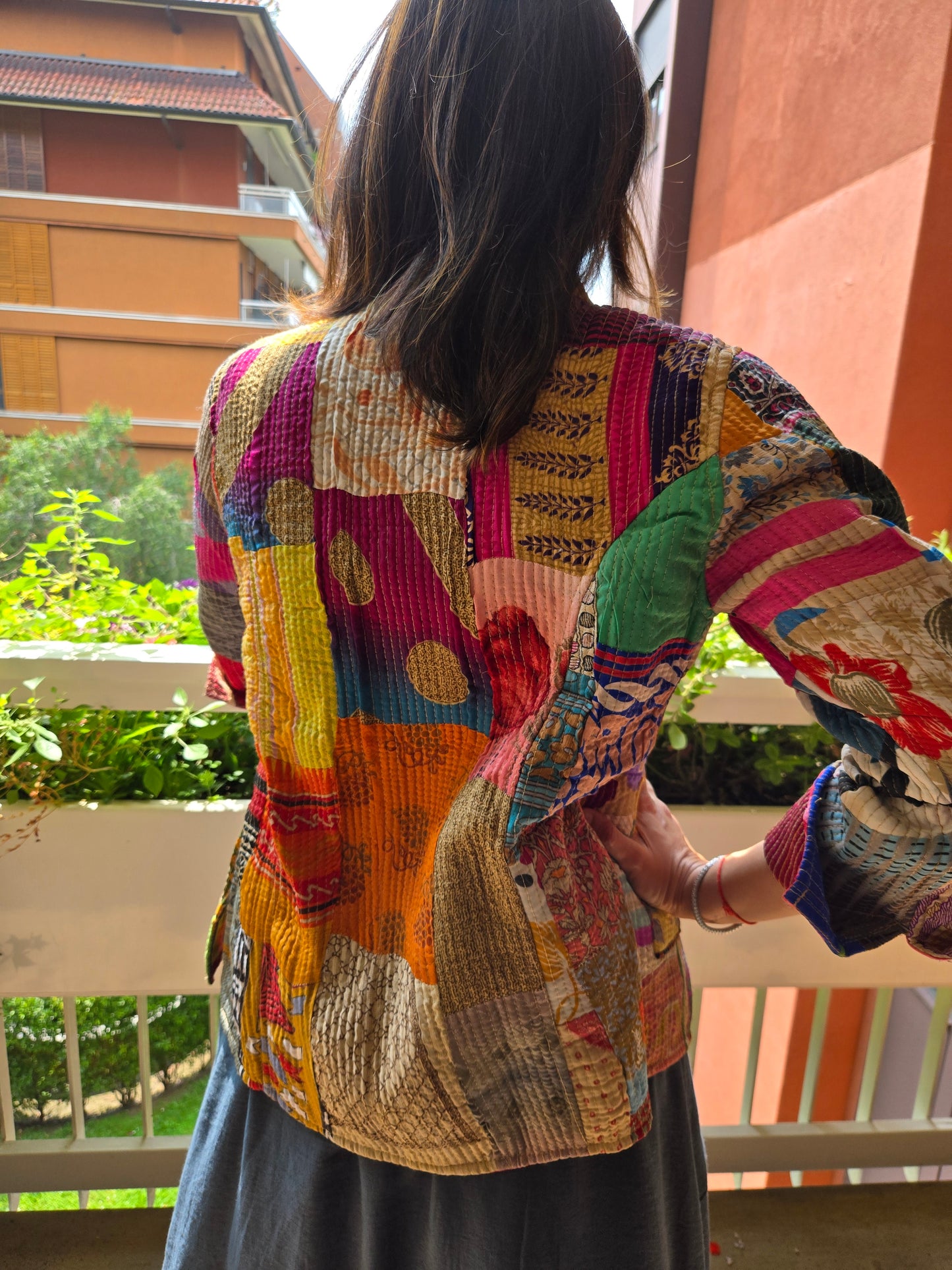 Indian Handmade Kantha Reversible Short Length All Season Bohemian Jacket multicolour suitable in summer
