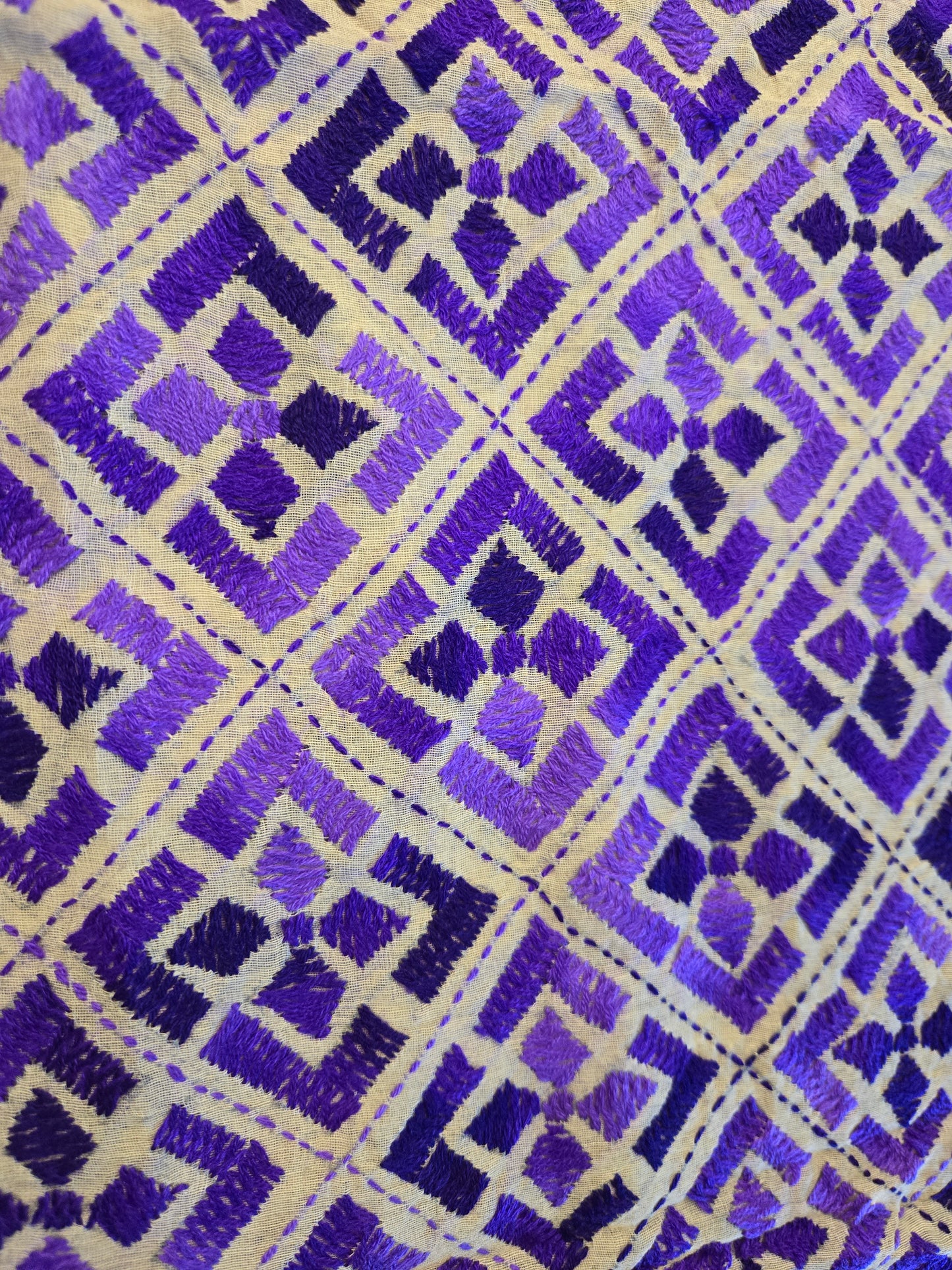 Handmade elegant Phulakari dupatta in purple colour thread work in pure cotton base traditionally made by rural Indian women of Punjab India