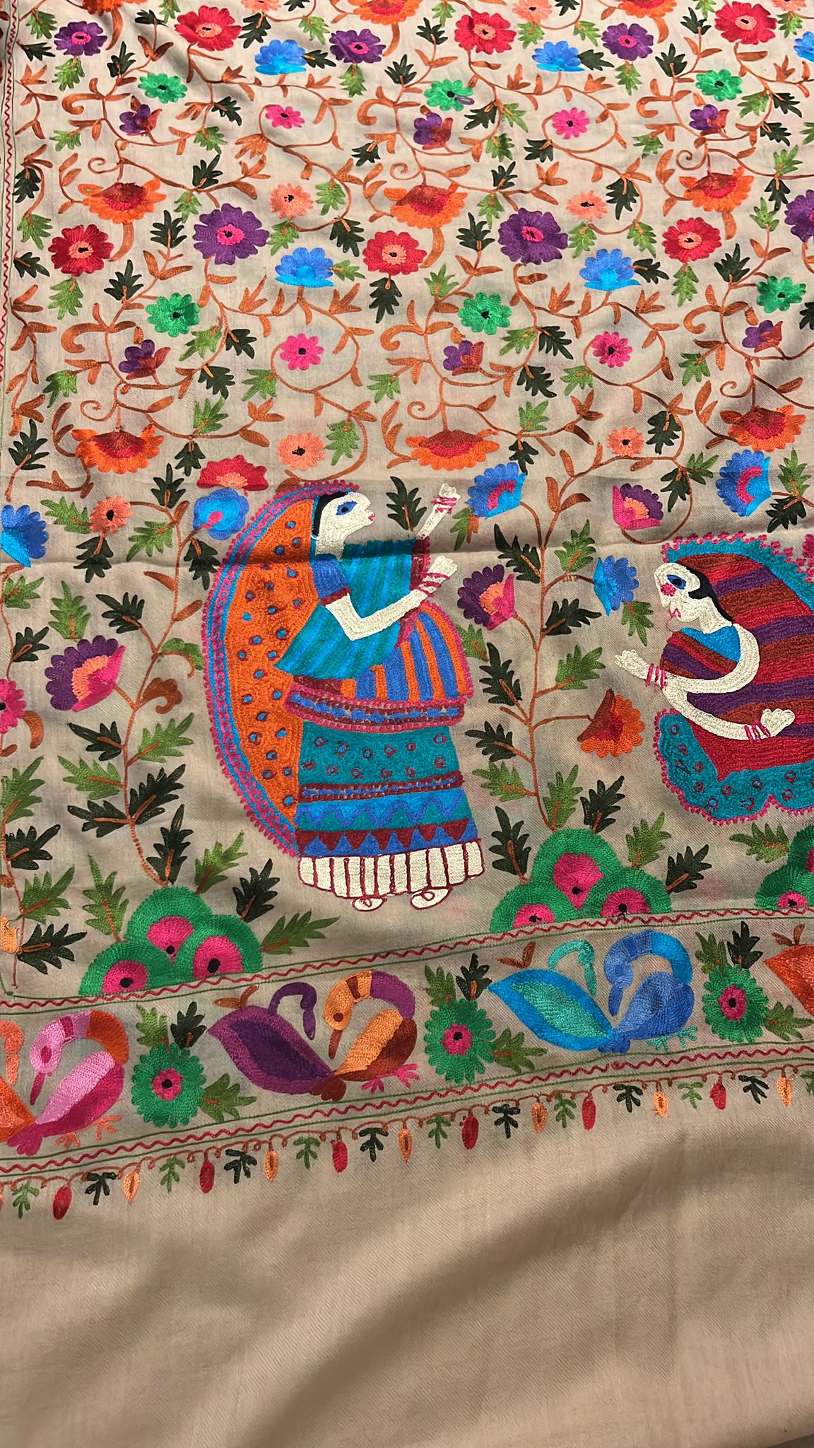 Cashmere Wool Shawl Hand Embroidered Kashmir | Folk ArtWrap | Wedding Gift Heirloom Textile