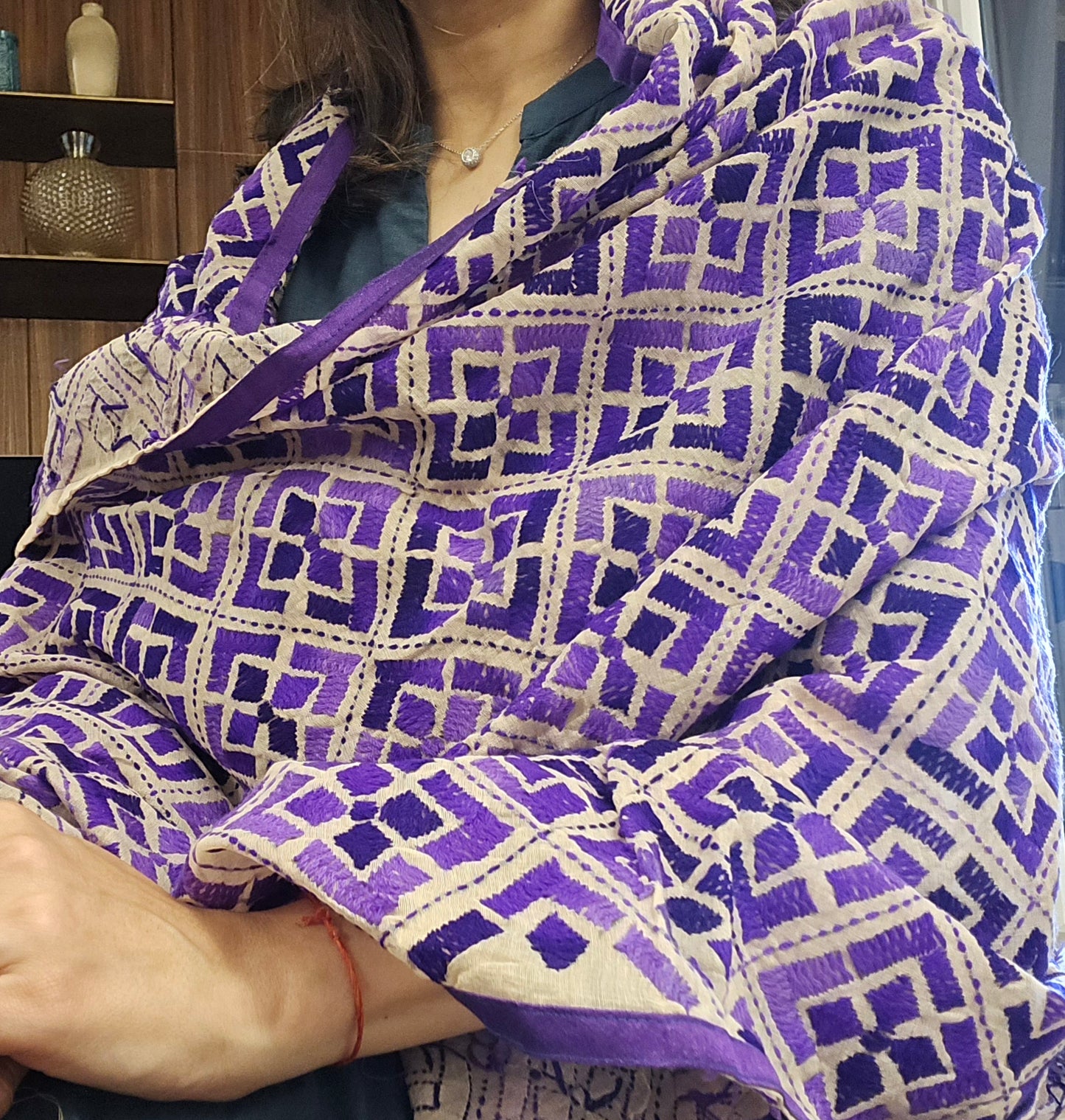 Handmade elegant Phulakari dupatta in purple colour thread work in pure cotton base traditionally made by rural Indian women of Punjab India