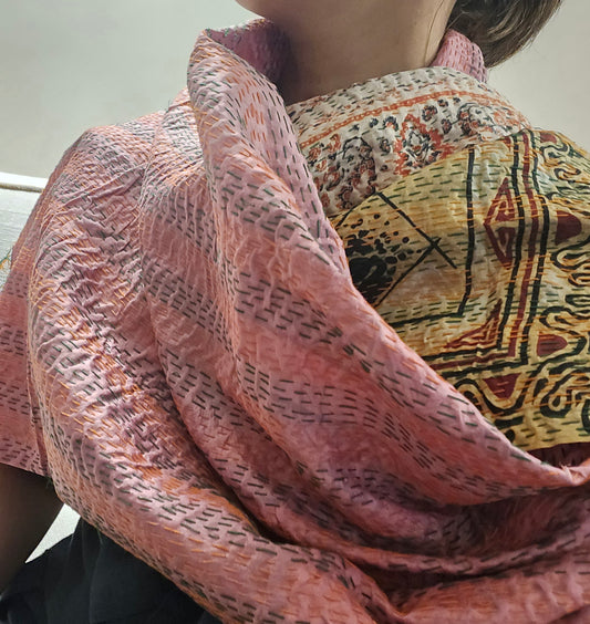 Heritage Bloom Mulberry Silk Kantha Shawl