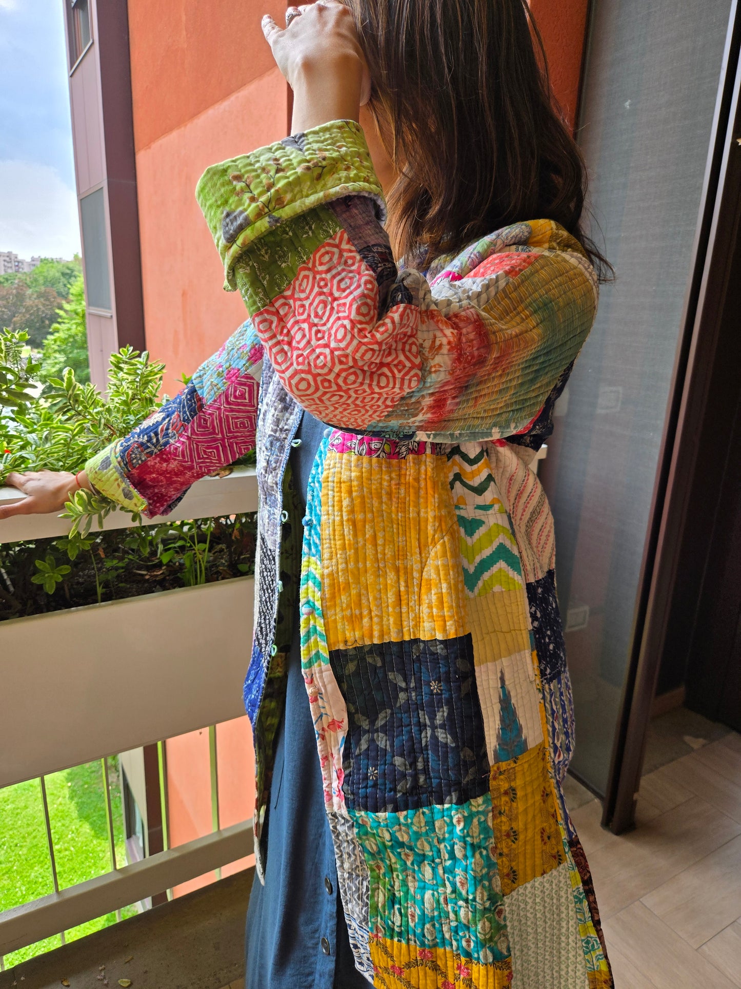 Indian Handmade Kantha Reversible long Length All Season Bohemian Jacket in light green and rainbow colours