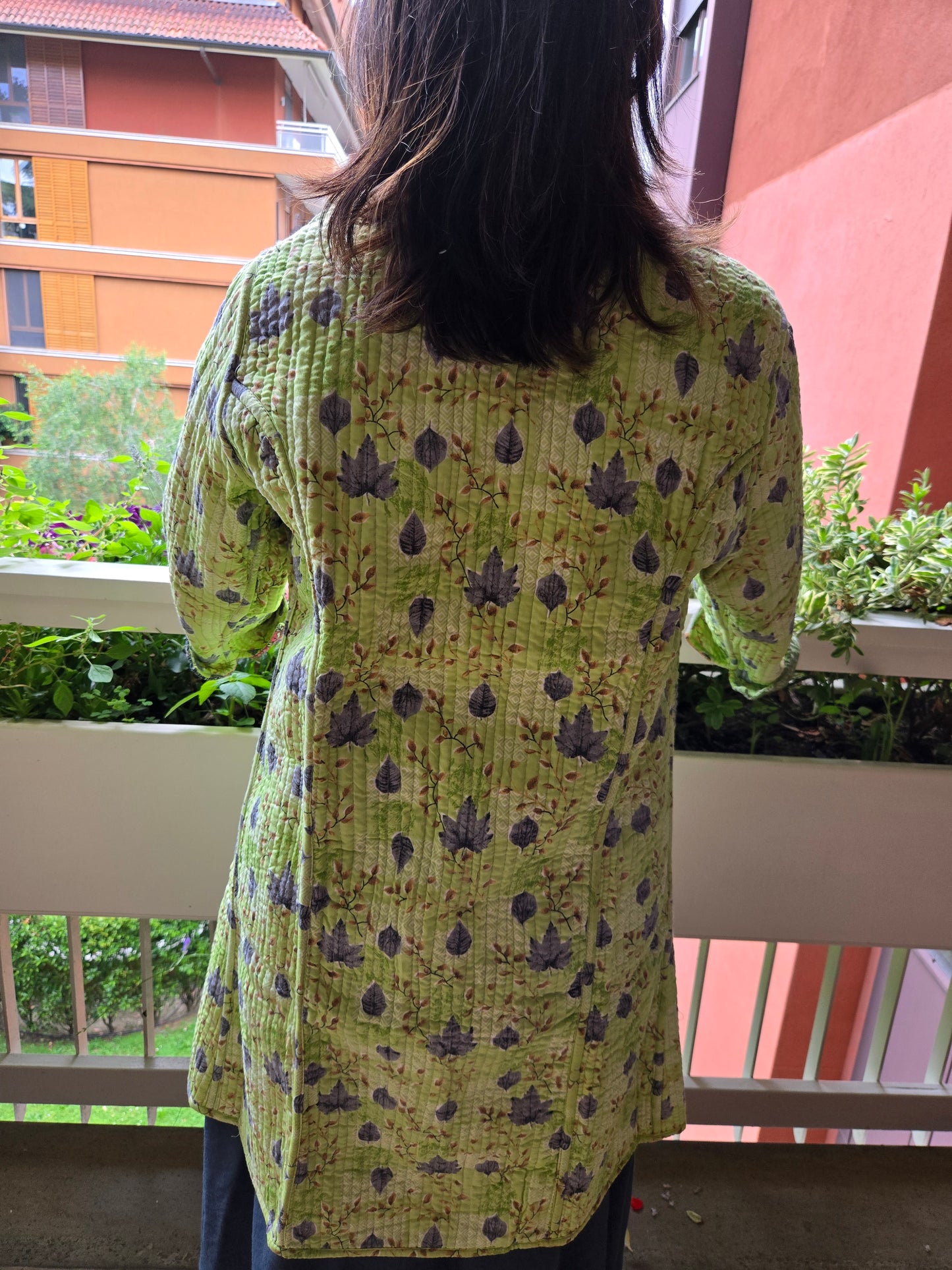 Indian Handmade Kantha Reversible long Length All Season Bohemian Jacket in light green and rainbow colours