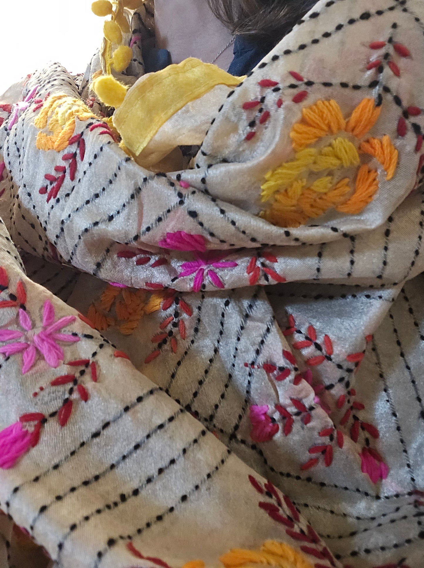 Handmade kantha dupatta shawl soft cotton hand embroidered floral work shawl/ foulard/scarf /stole for spring summer collection