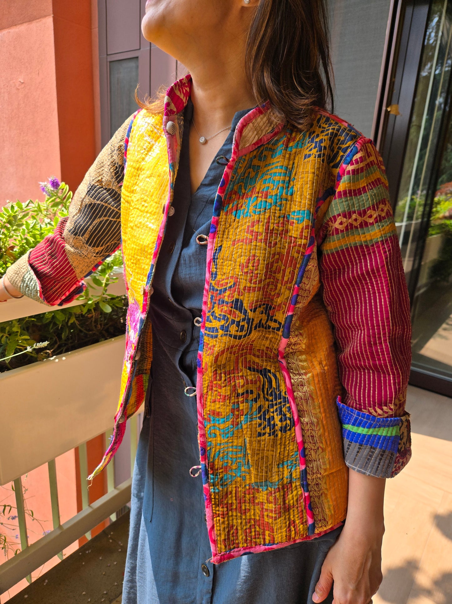 Indian Handmade Kantha Reversible Short Length All Season Bohemian Jacket multicolour suitable in summer